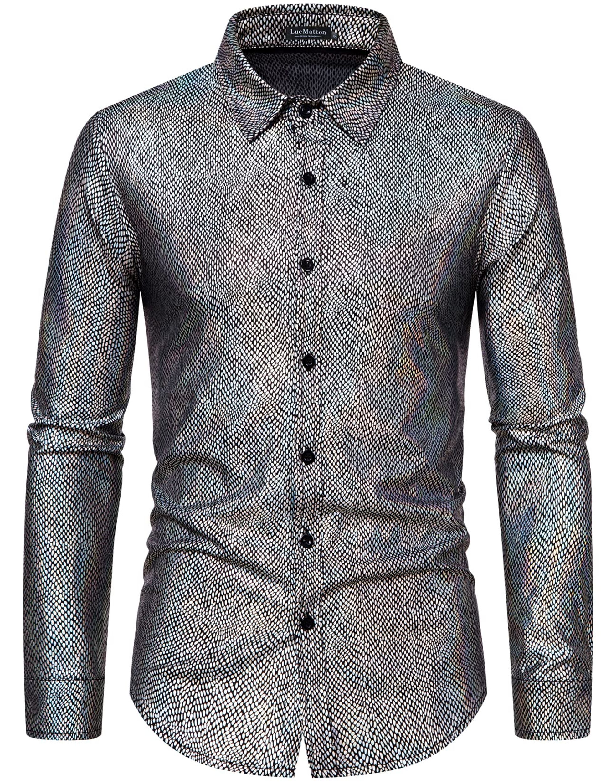 Men's Shiny Metallic 70s Disco Costume Long Sleeve Button-Up Party Shirt - Silver XXL