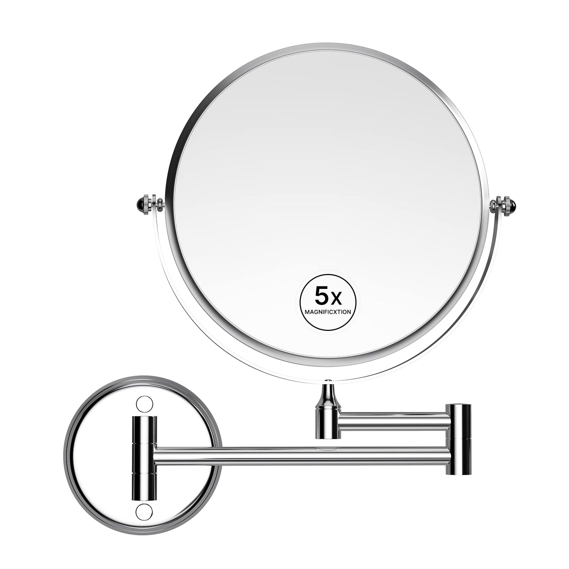 Wall Mounted Magnifying Mirror 8 Inch with 1X/5X Dual Sided Zoom & Extendable Arm for Bathroom and Vanity