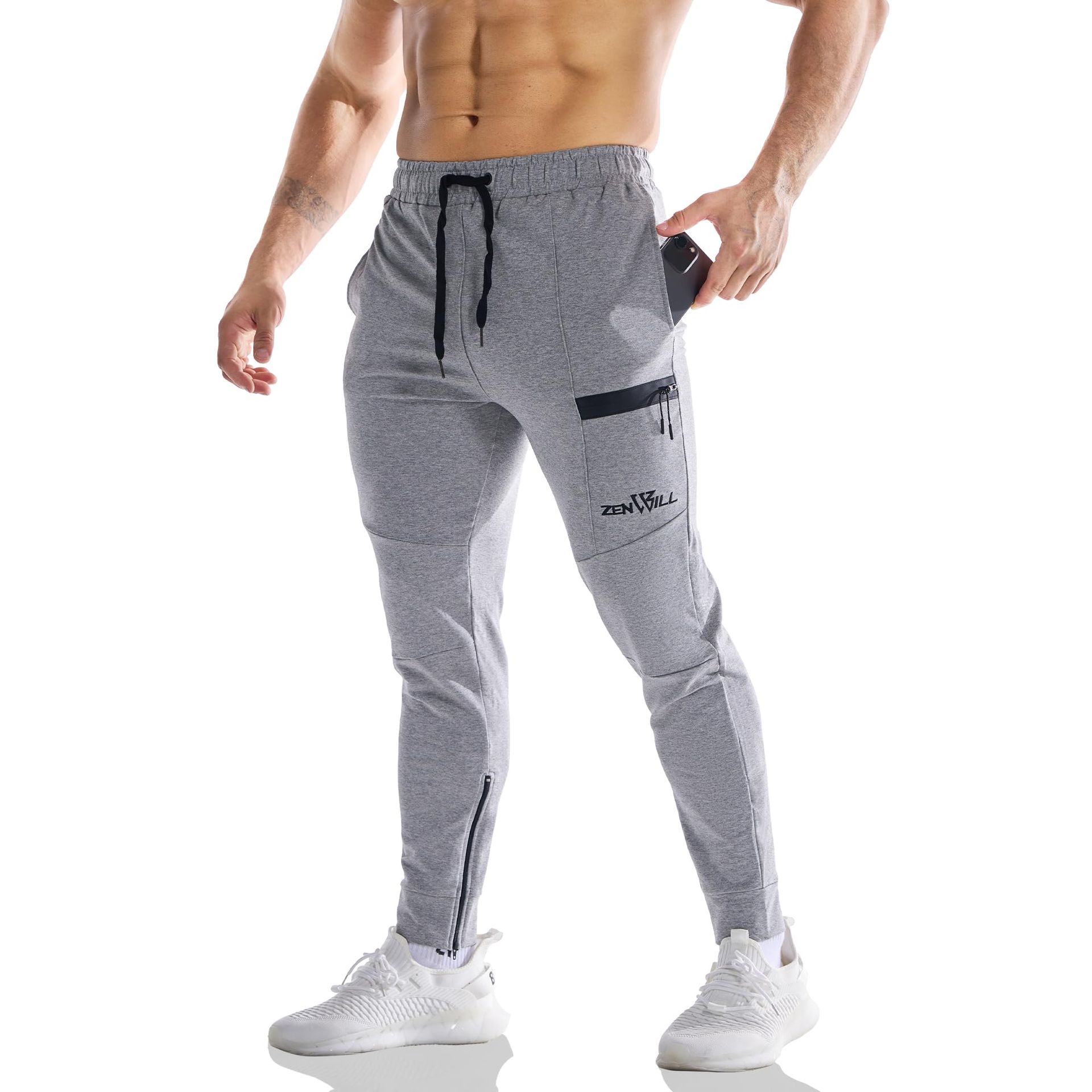 Men's Gym Joggers Zipper Pockets Slim Fit Training Tracksuit Bottoms - Light Grey XL