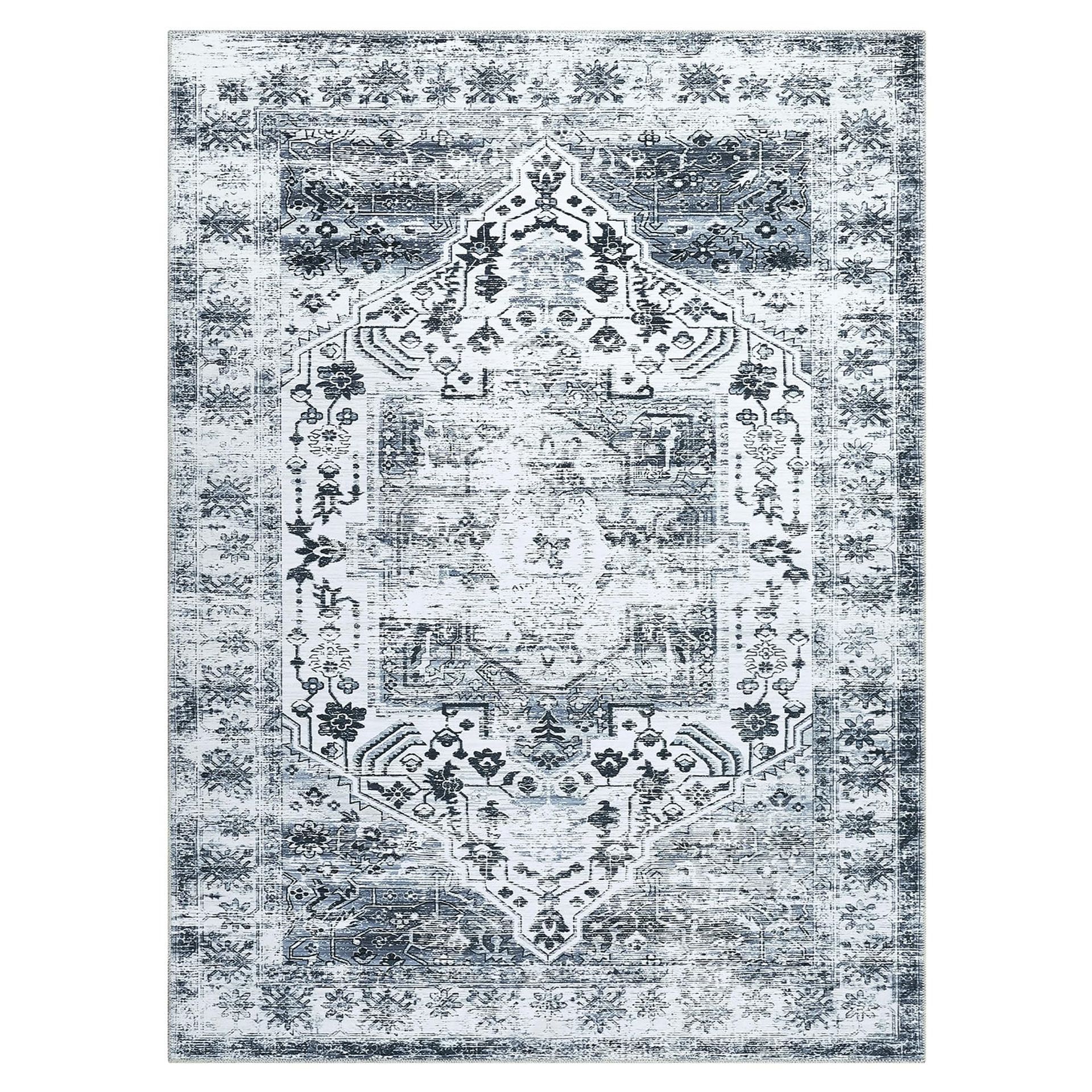 Living Room Area Rug Super Soft Washable Distressed Oriental Floral Ultra-Thin Carpet for Bedroom, Office or Apartment - Grey 160 x 230 cm