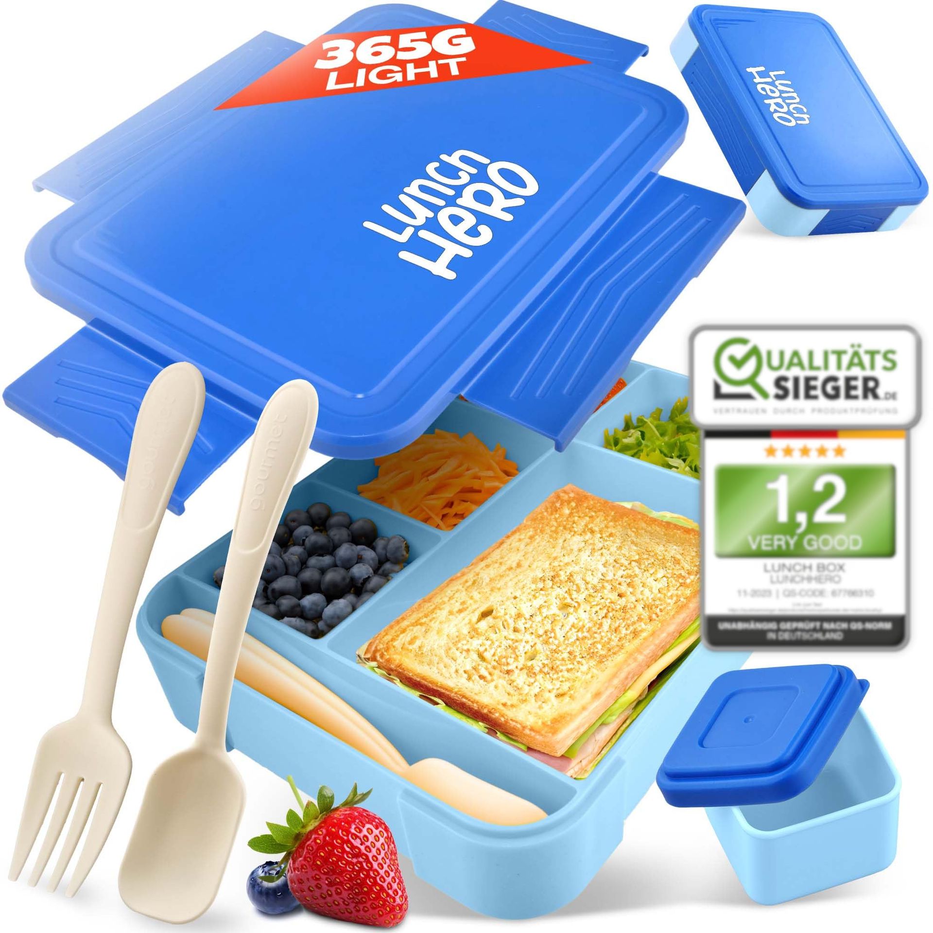 LUNCHHERO Kids Bento Box with Leak-Proof Sauce Box & Cutlery - BPA Free, 5 Compartments