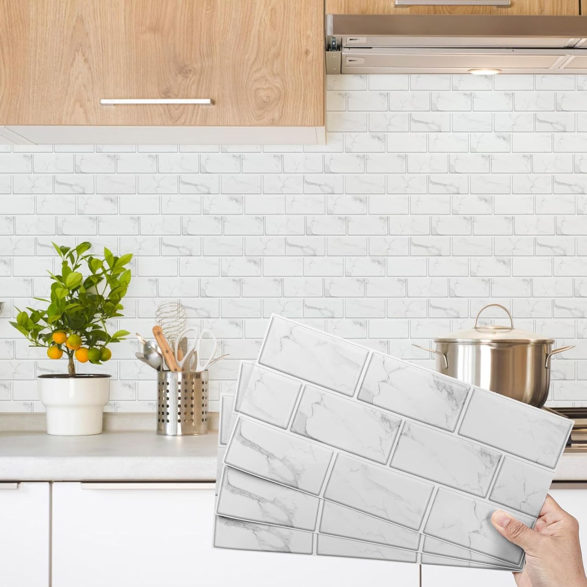Tile Stickers 24pcs 3D Brick Design Self-Adhesive Waterproof Wall Décor for Kitchen & Bathroom - White 15x30cm