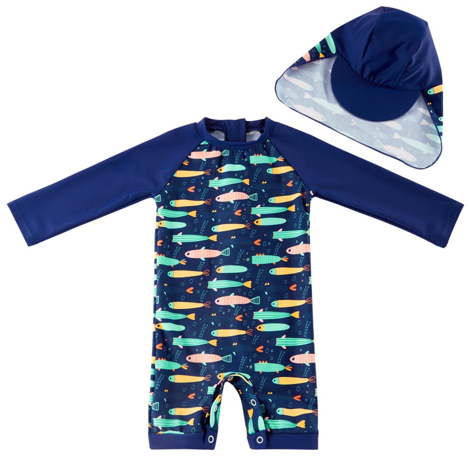 Baby Boys One-Piece Swimsuit UPF 50+ Sun Protection with Hat - Colourful Fish 0-3 Months