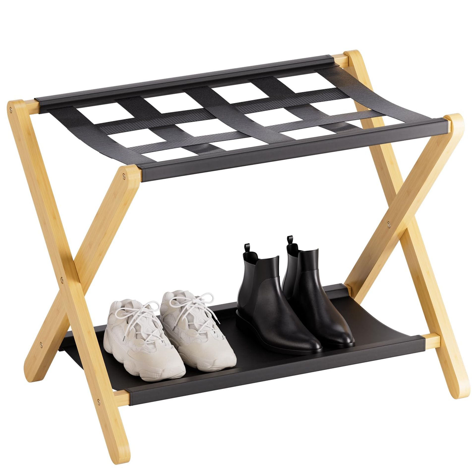 Foldable Bamboo Luggage Rack with Storage Shelf for Guest Room or Hotel - Natural XLJ-YE