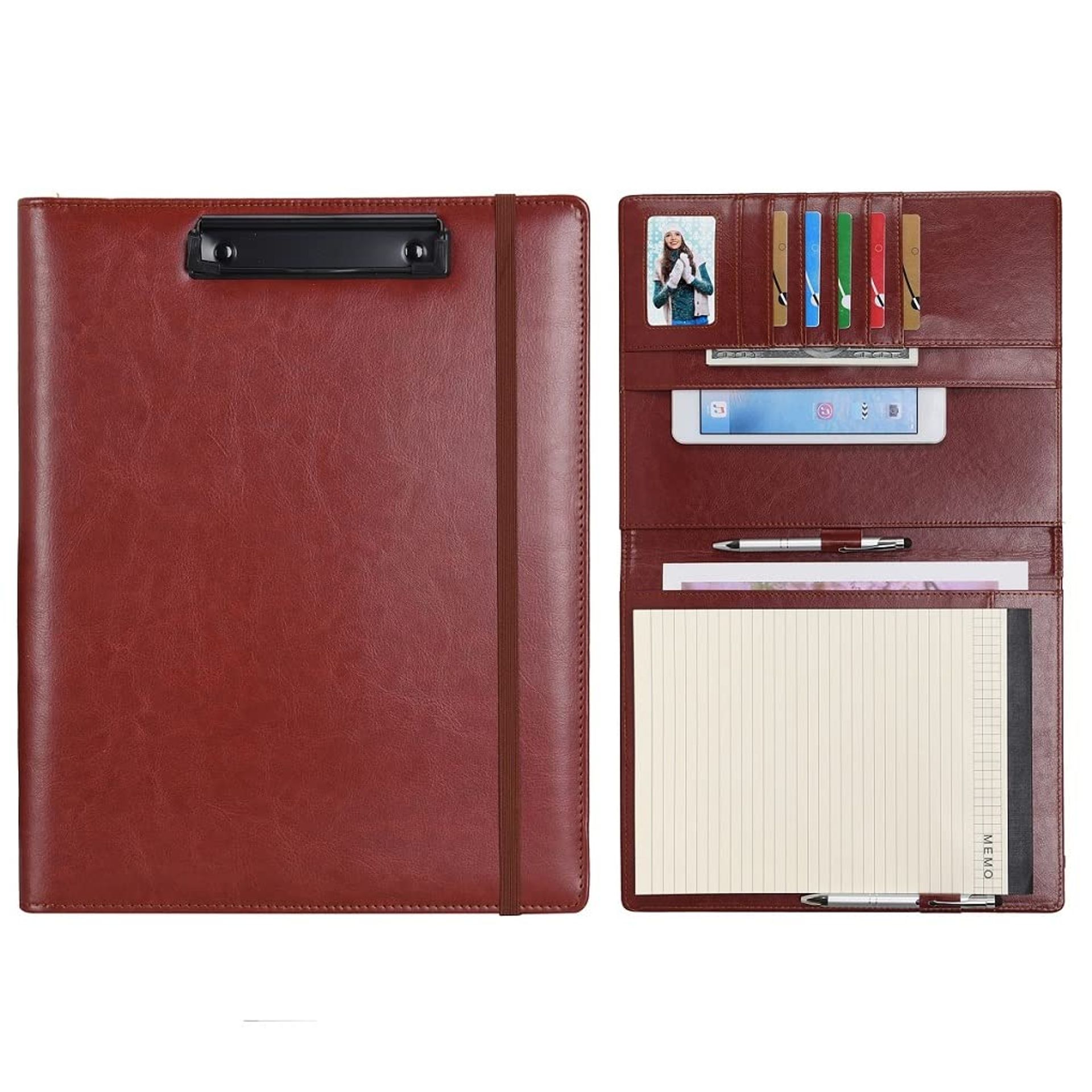 A4 PU Leather Portfolio Clipboard & Notepad Holder for Office, Travel, School - Brown