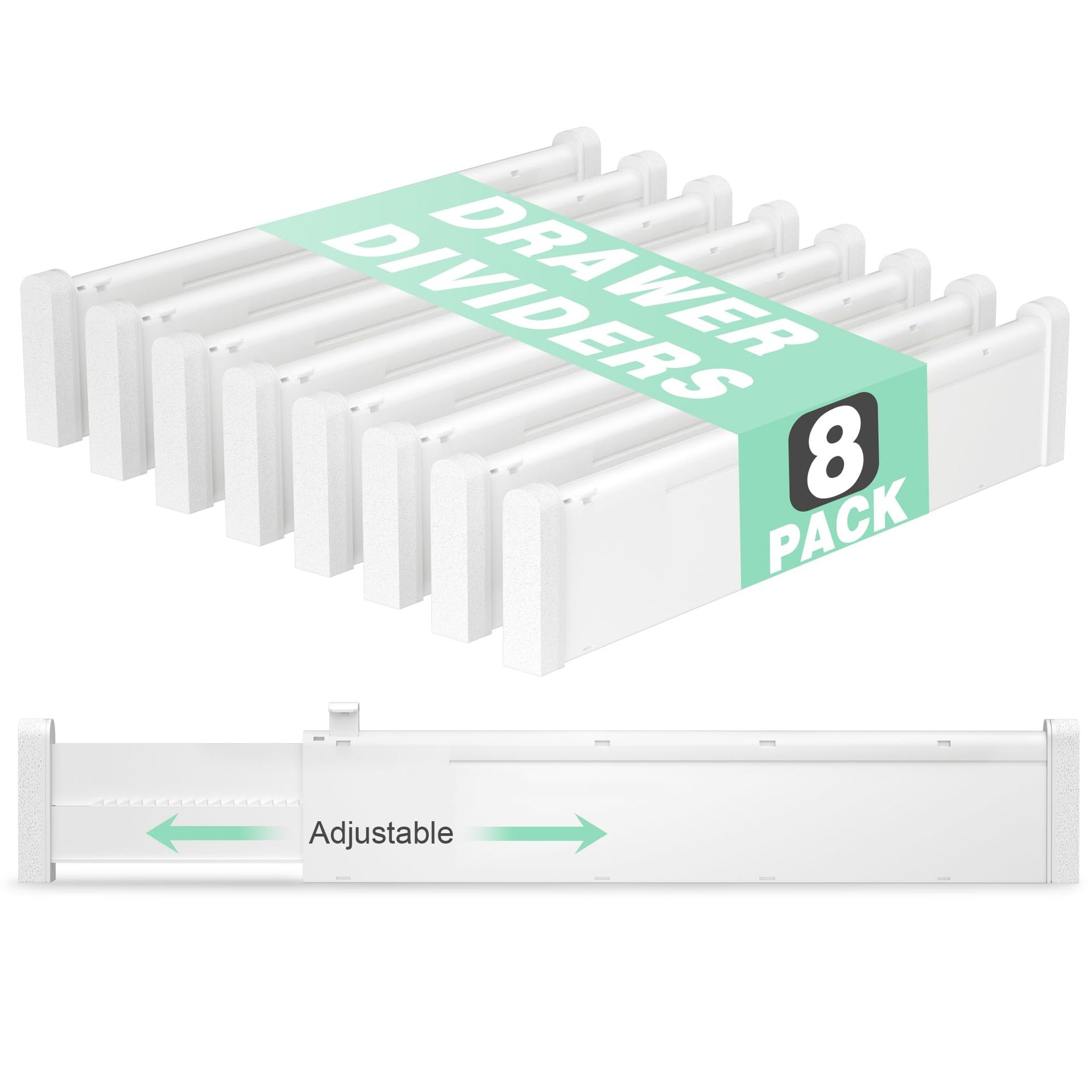 Adjustable Drawer Dividers 8 Pack, Expandable 4'' High Organisers for Clothes, Kitchen, Bedroom, Office & Bathroom Storage - White