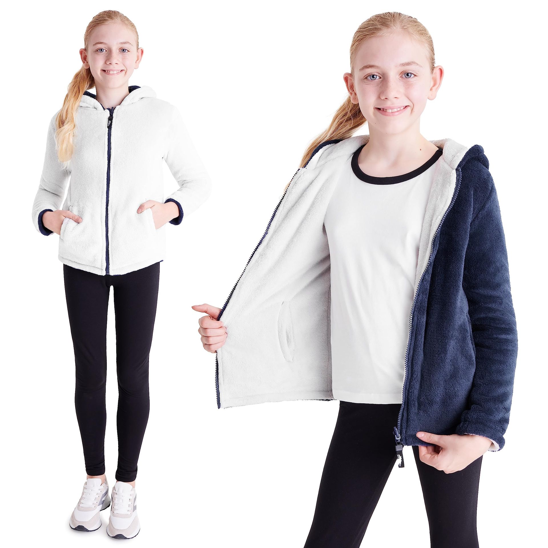 Kids Reversible Zip-Up Fleece Hoodie, Fluffy Warm Jacket for Boys & Girls - Navy 9-10 Years