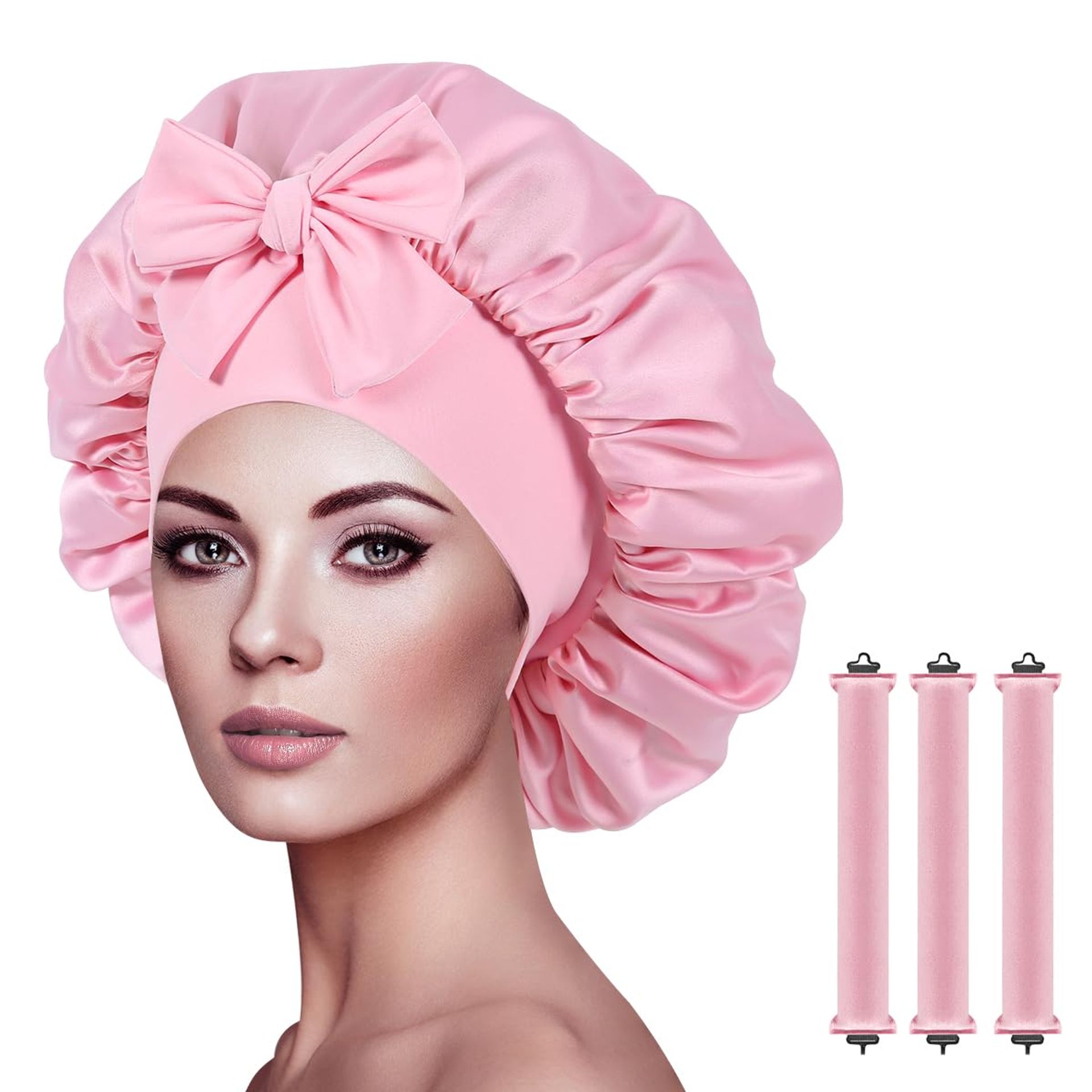 Silk Bonnet & Heatless Curlers Set for Women - Satin Pink Sleep Wrap Cap