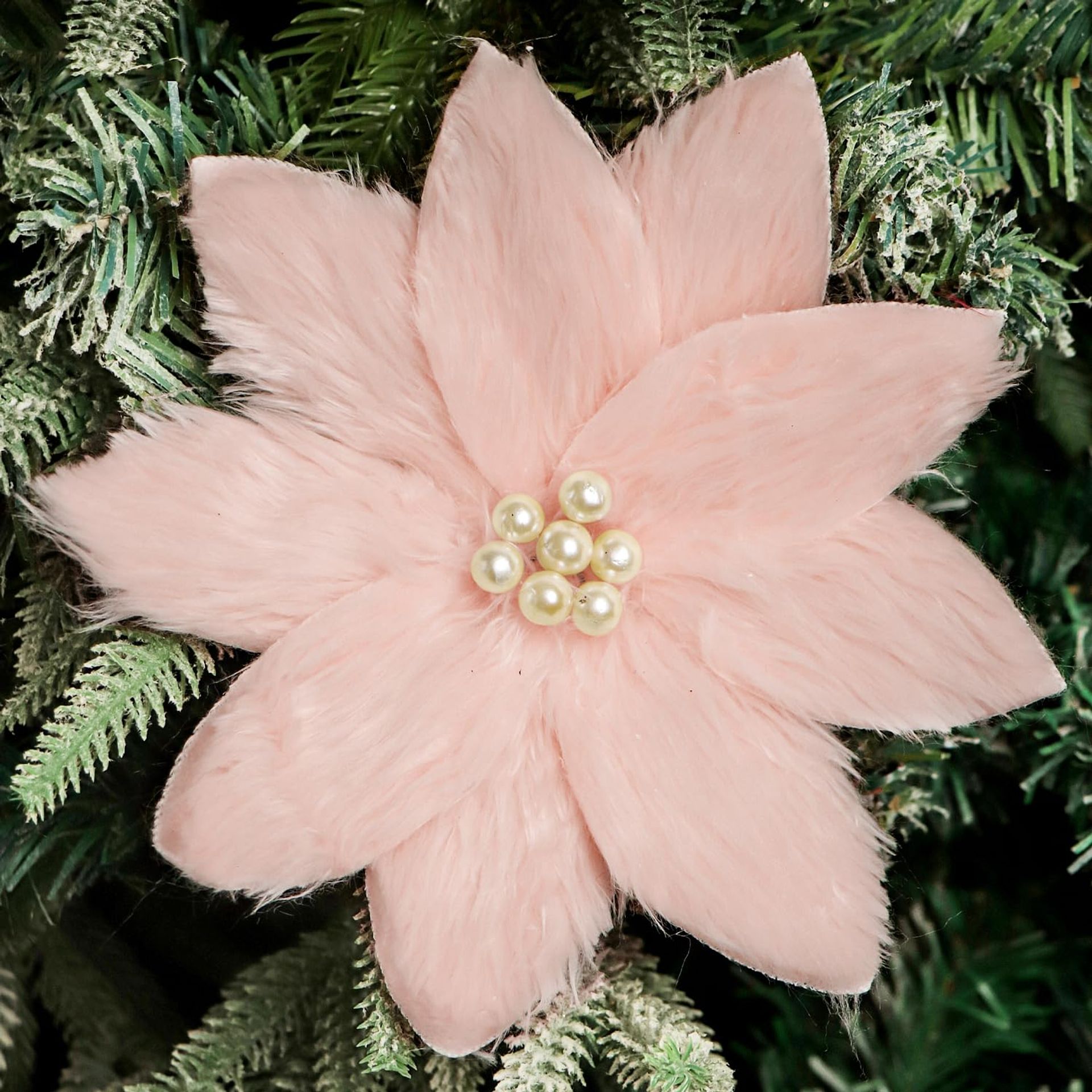 4Pcs Faux Fur Poinsettia Picks, 10'' Large Fluffy Xmas Tree Flowers for Home, Wedding, Party Decor - Pink