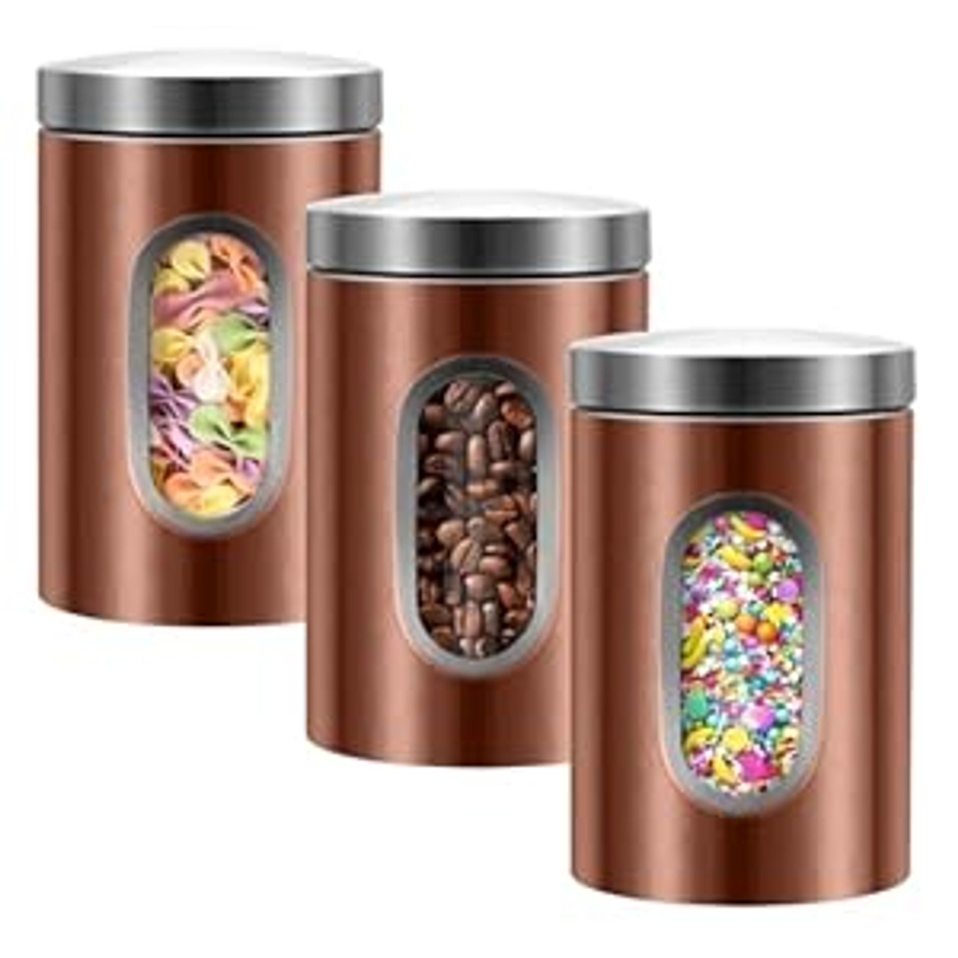 3 Piece Stainless Steel Kitchen Canisters Set with Airtight Lids and Clear Window for Coffee, Tea, Sugar, Flour Storage - Brown