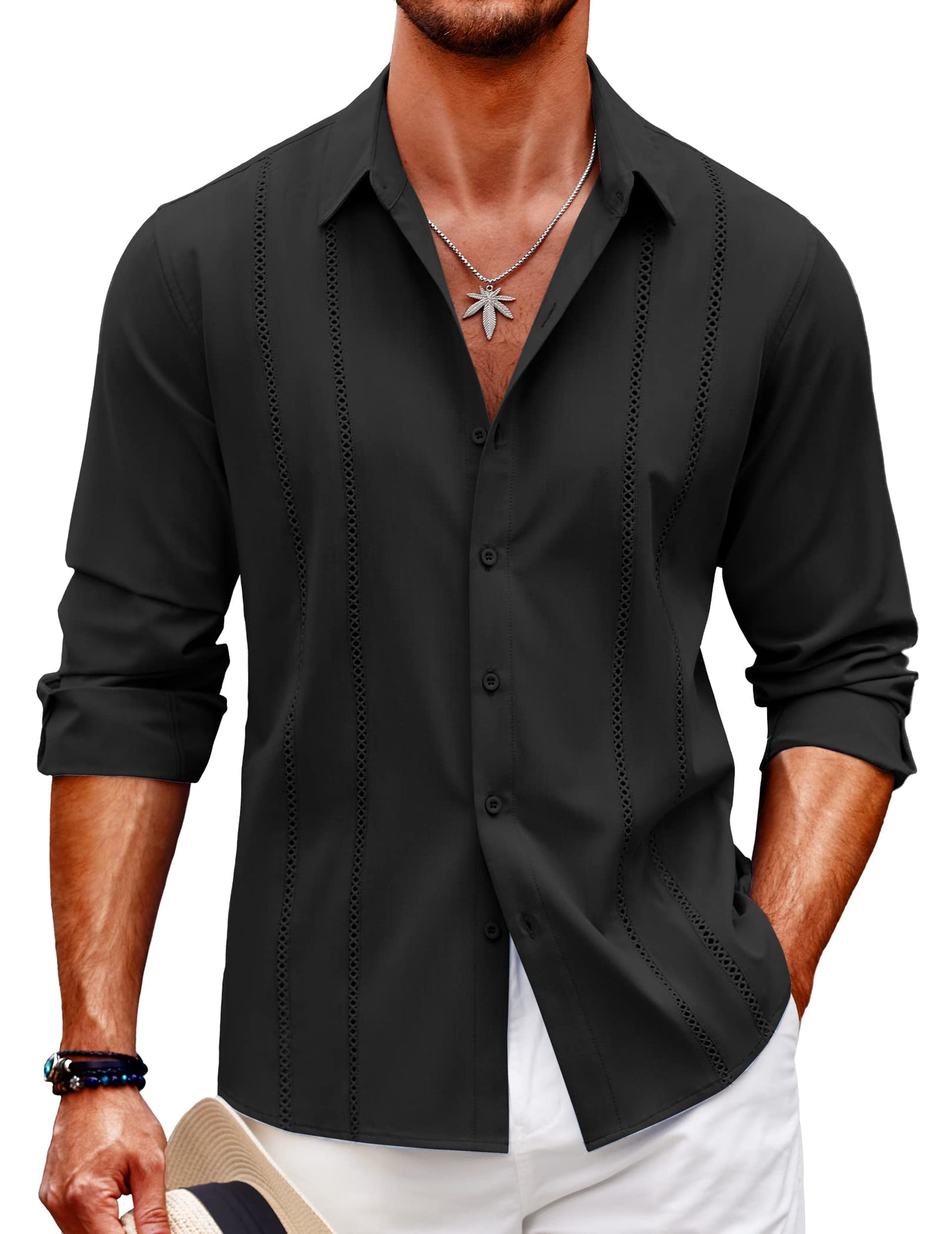 Men's Cuban Guayabera Long Sleeve Button Down Casual Beach Shirt Lightweight Breathable Fabric - Black XL