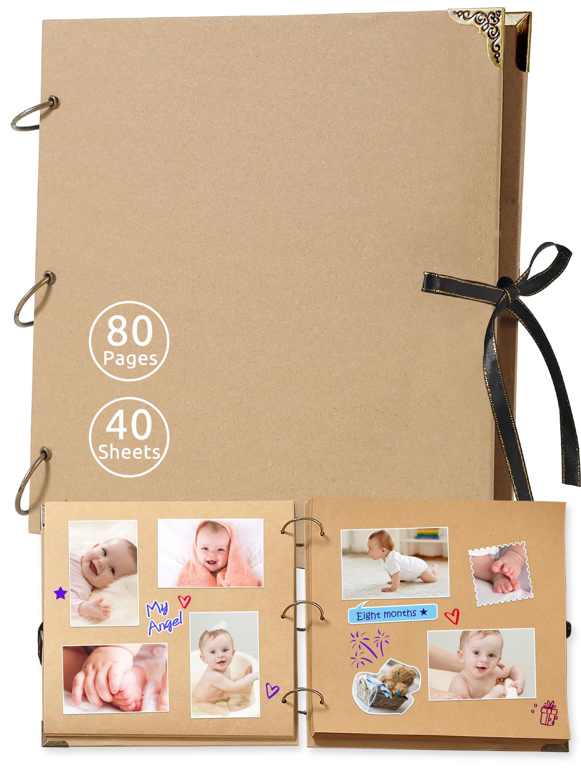 Scrapbook Photo Album 80 Pages - Thick Kraft Paper, Gift Box, Ideal for DIY Crafts & Memories, 28x28 cm, Brown