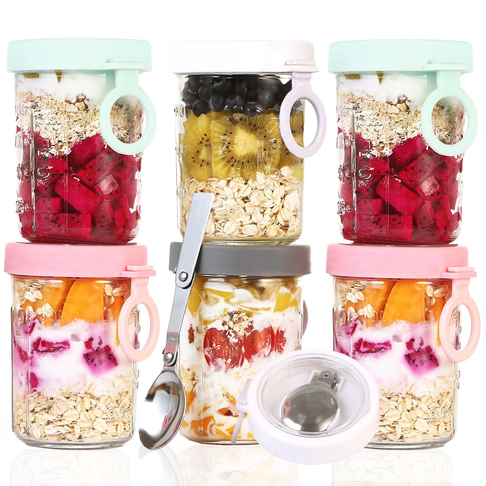Set of 6 Glass Jars with Lids & Foldable Spoon, 350ml Airtight Containers for Oats, Yoghurt, Salads, Jam & Meal Prep