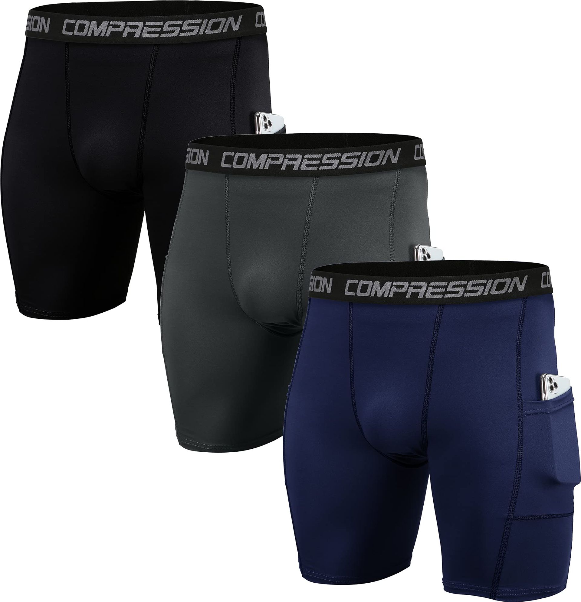 Men's 3 Pack Sport Compression Shorts Breathable Quick-Dry Underwear - Black/Grey/Navy S