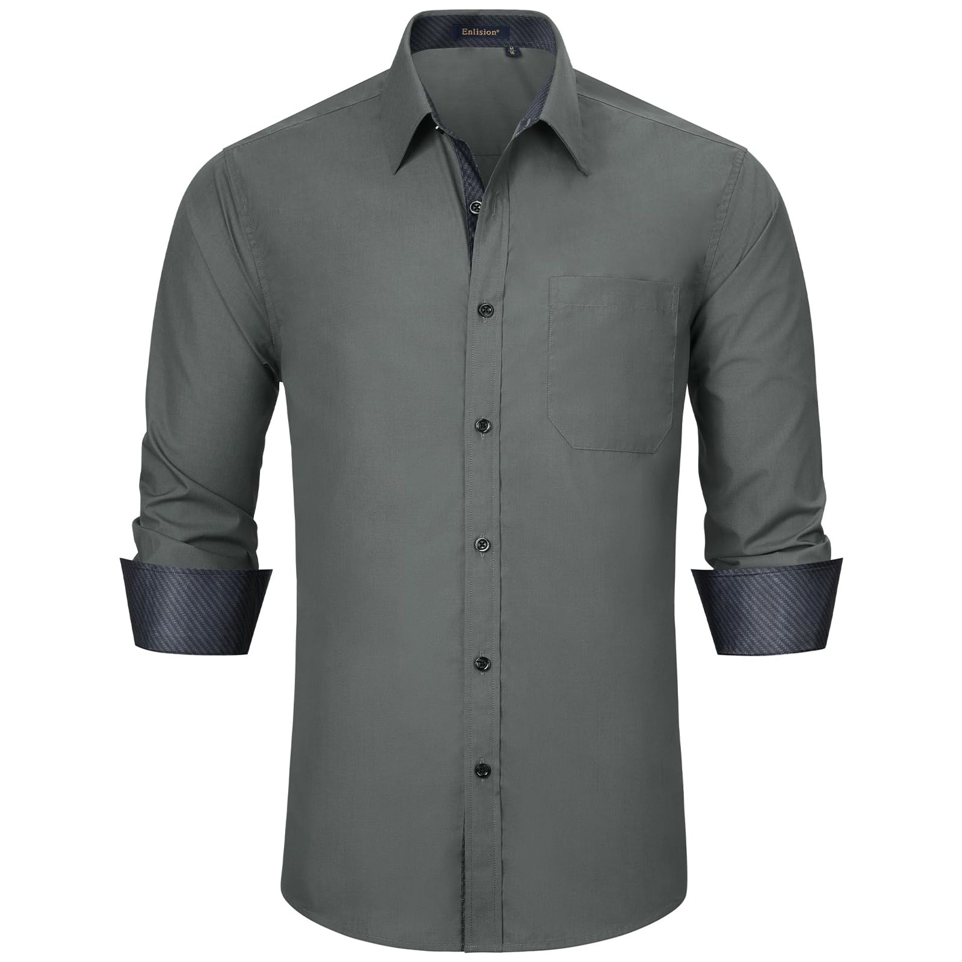 Men's Long Sleeve Dress Shirt Button Up Formal Business Regular Fit with Pocket - Dark Grey M