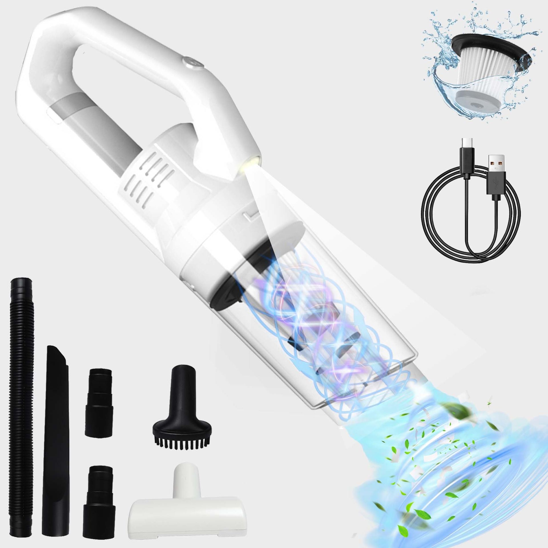 Handheld Vacuum Cleaner 15000Pa Powerful Suction Cordless Mini Vacuum for Car, Home & Office with LED Light - White