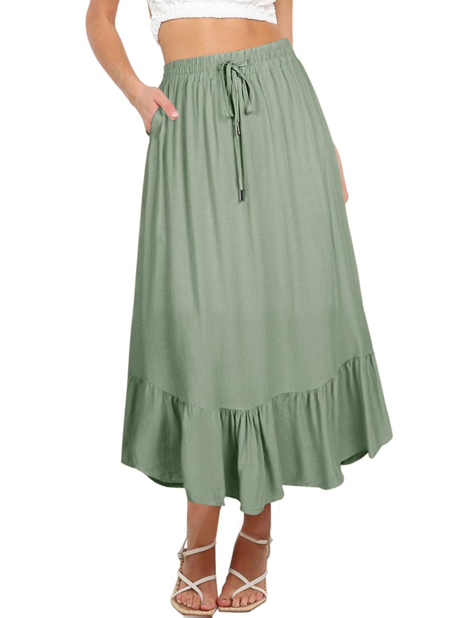 Women's Elastic High Waist Maxi Skirt with Pockets – Long Length A-Line Summer Skirt Green Grey Size L