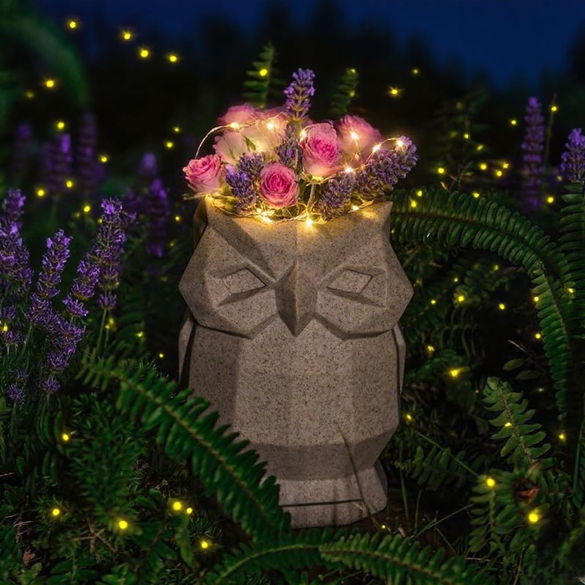 Owl Succulent Plant Pot with Solar Light and Drainage Hole for Indoor or Garden Décor - Beige Round Eyes