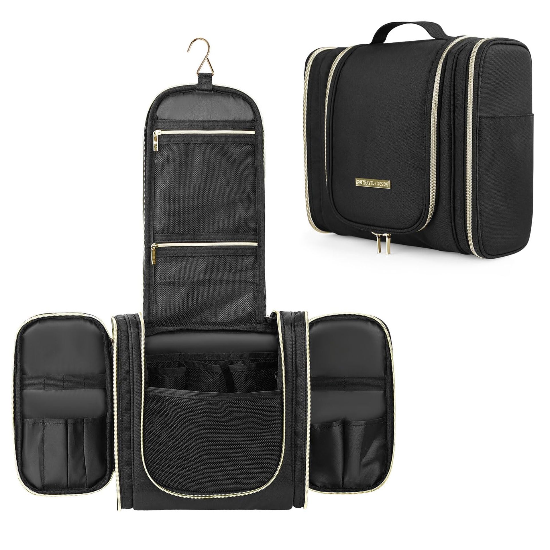 Hanging Travel Toiletry Bag for Men & Women, Large Water-Resistant Makeup & Cosmetic Organiser Case - Gold Black