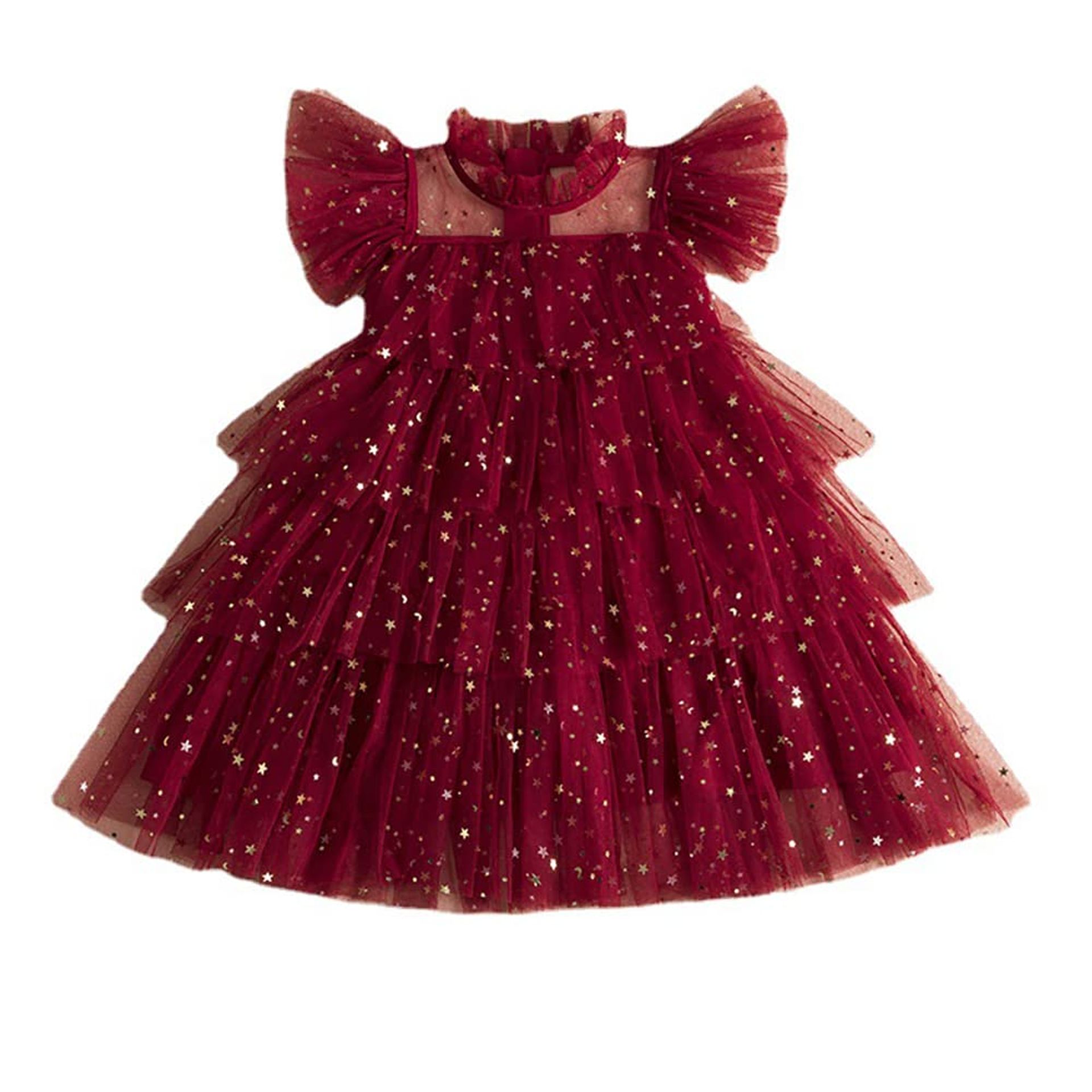 Toddler Girls Party Dress with Ruffle Sleeves, Layered Tulle, Rainbow Stars, Princess Cake Style Gown - Red Age 5-6