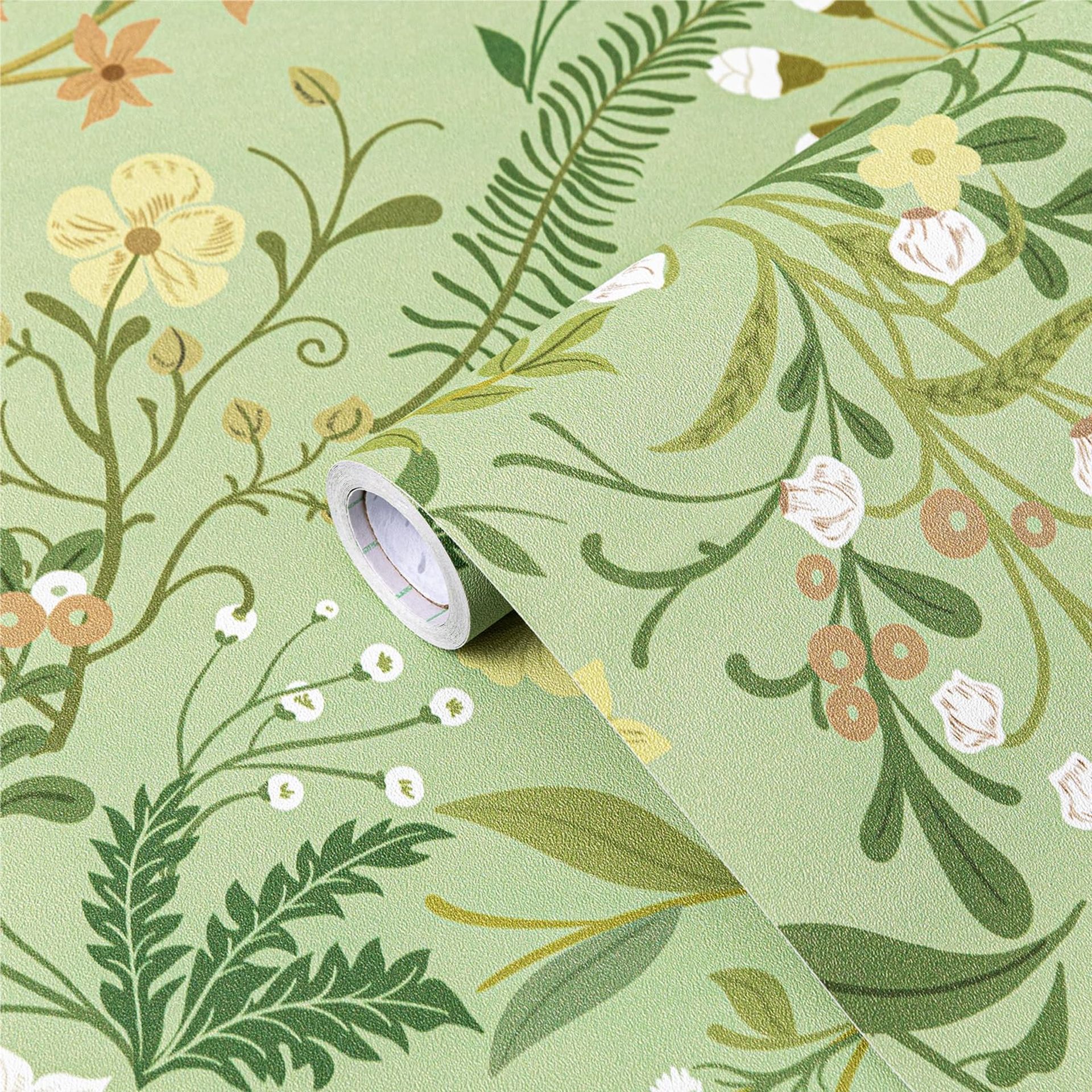 Fantasnight Self Adhesive Wallpaper Floral 44 x 300 cm, Peel and Stick Wallpaper Removable Green, Flowers Contact Paper for Cabinets Furniture Bedroom Living Room