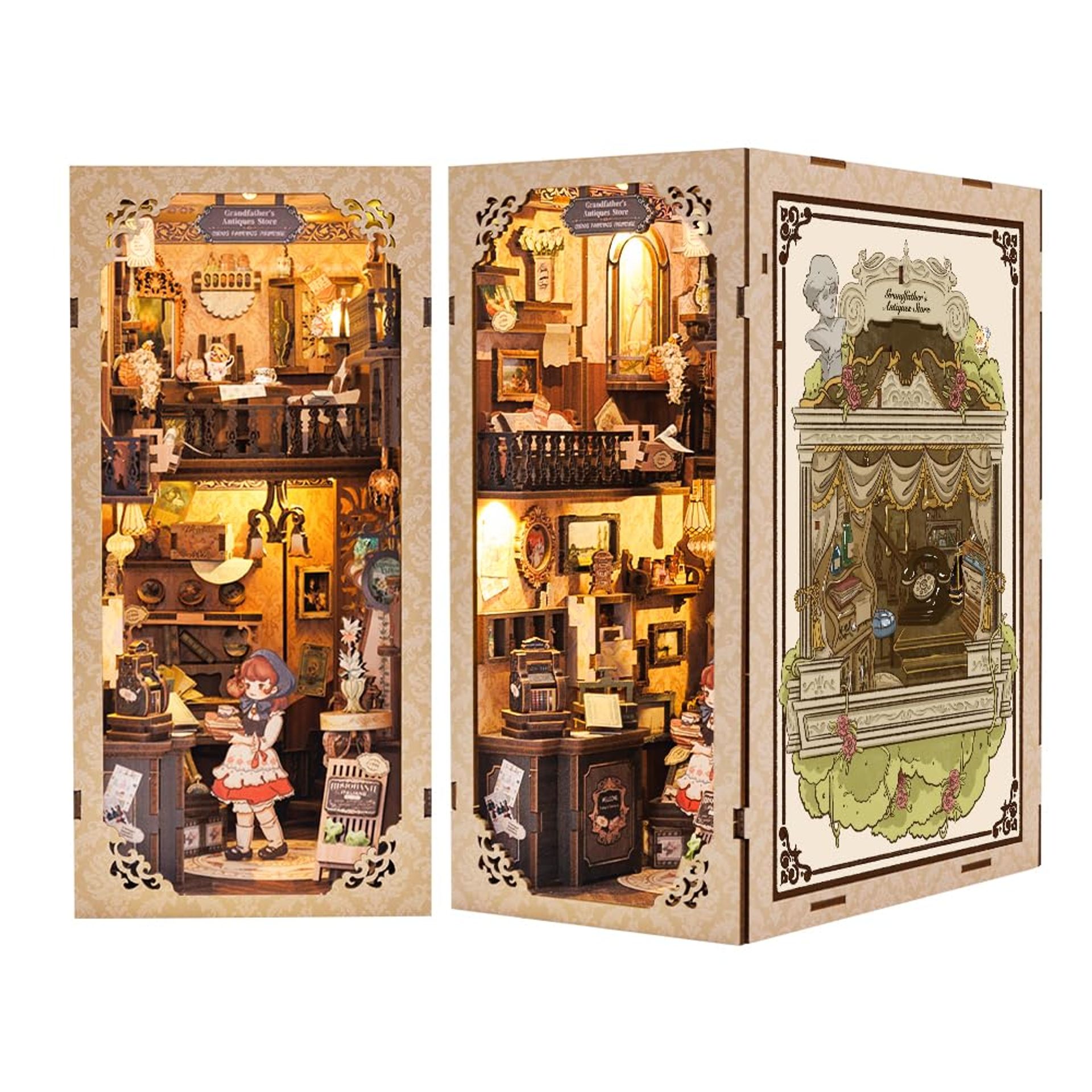 DIY Book Nook Kit with LED – 3D Wooden Puzzle Grandfather's Antiques Bookshelf Insert for Adults & Teens, Creative Gift for Book Lovers