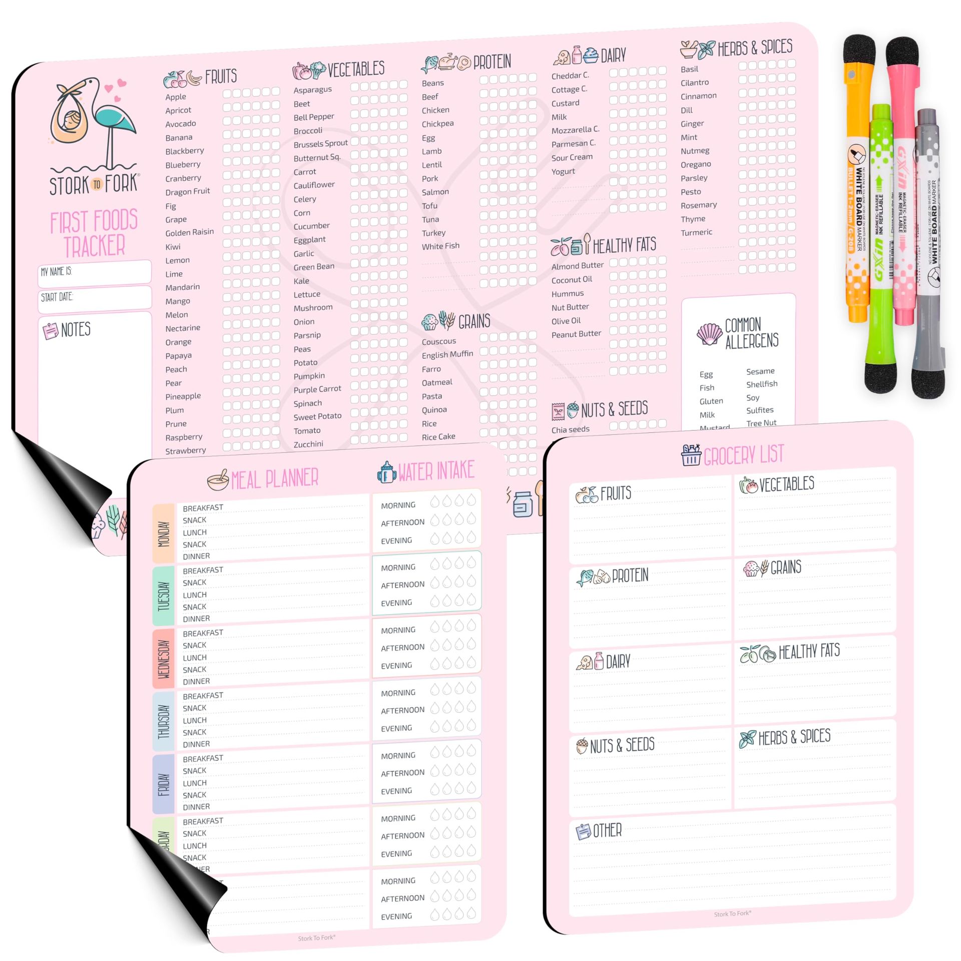 Baby First Food Tracker 3-in-1 Magnetic Meal Planner & Grocery List Chart for Refrigerator - Pink (A4 & A5)