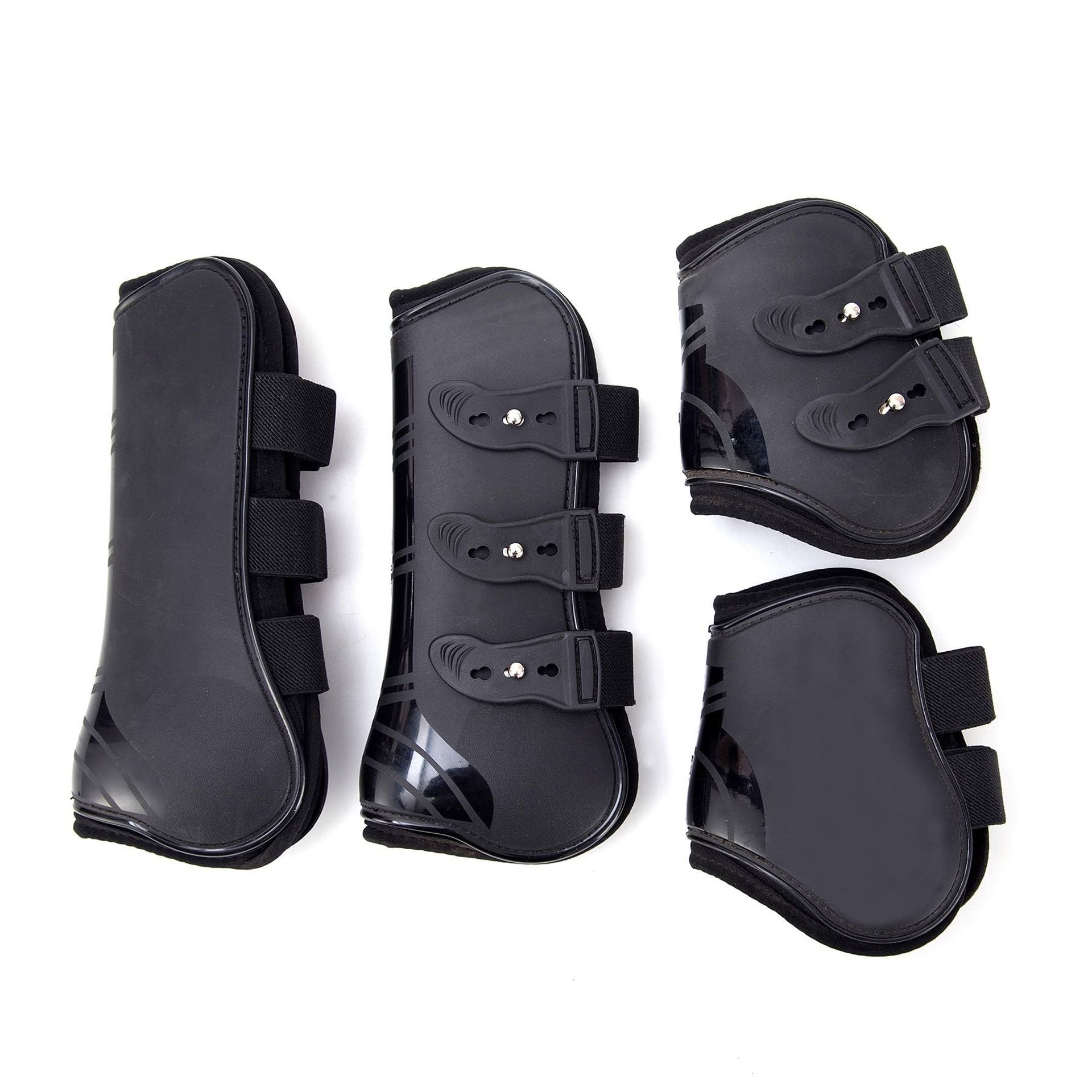 Horse Tendon and Fetlock Gaiters Set of 4 Protective Jumping Boots Robust PU Shell with Neoprene Lining and Button Closures - Black S (Pony)