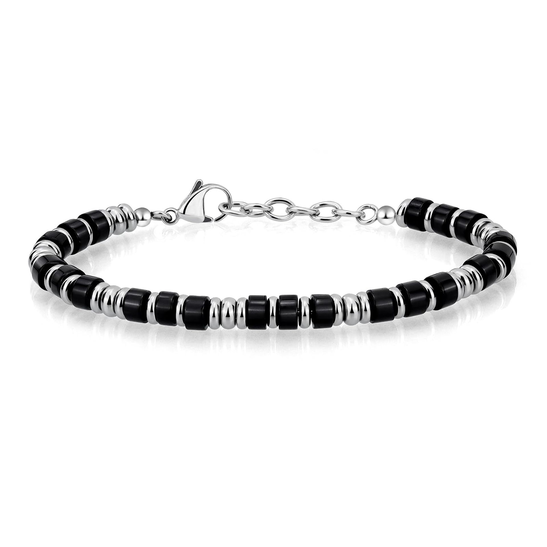 Men's Boho Bracelet Stainless Steel with Black Beads Adjustable Wristband - Black 19cm+4cm