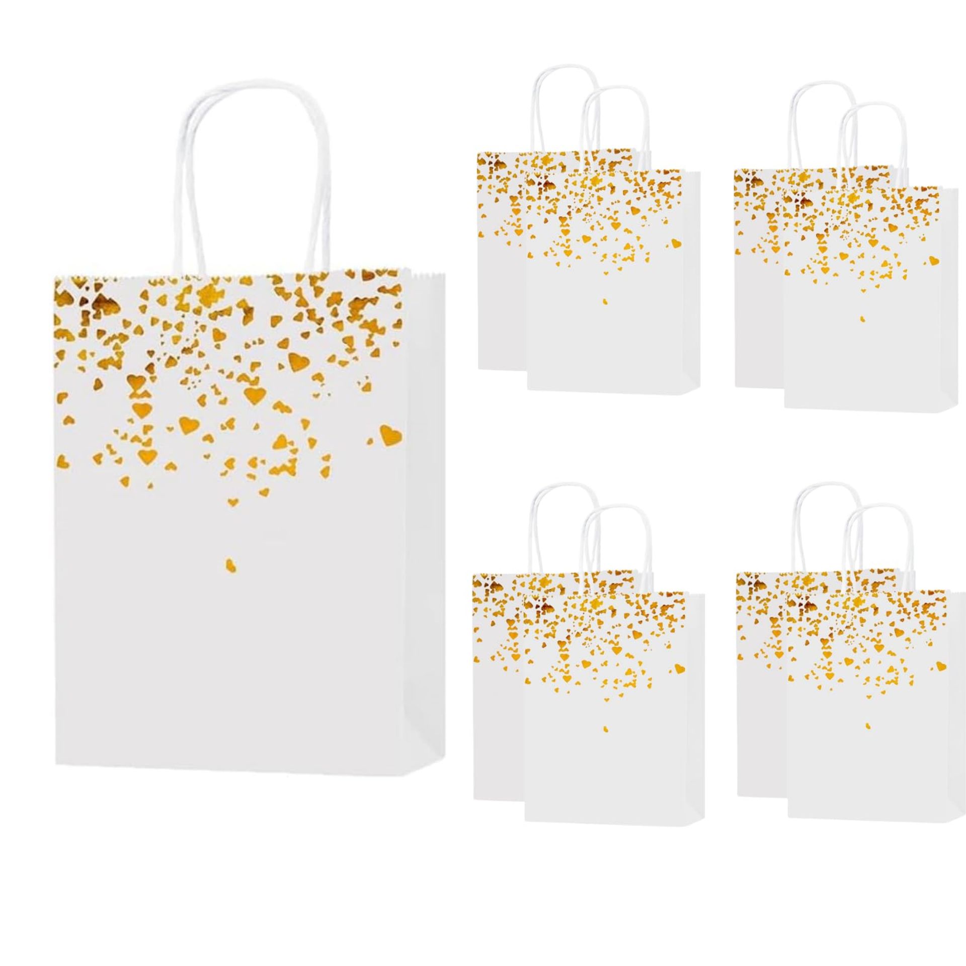 20 Pieces White Gold Gift Bags, Paper Bags with Handle, Golden Heart Reusable White Gift Bags for Shopping, Weddings, Packaging, Parties, Birthday