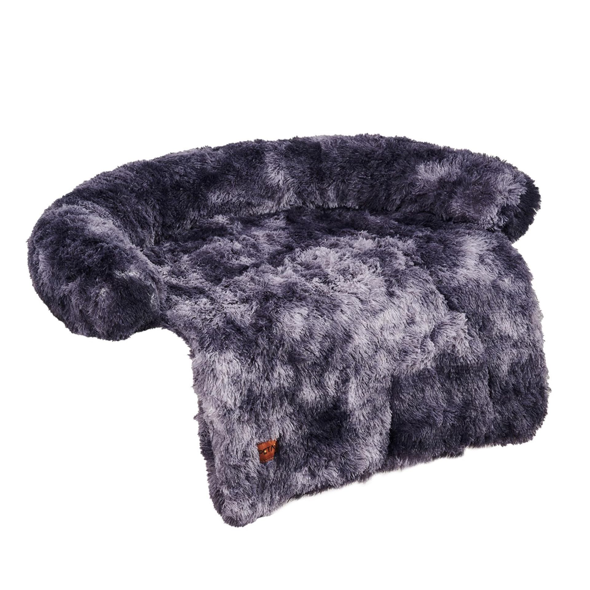 Calming Dog Sofa Bed Mat with Washable Cover, Fluffy Faux Fur, Non-Slip Base – Tie-Dye Dark Grey, Large/Medium Pets, Indoor & Outdoor Use