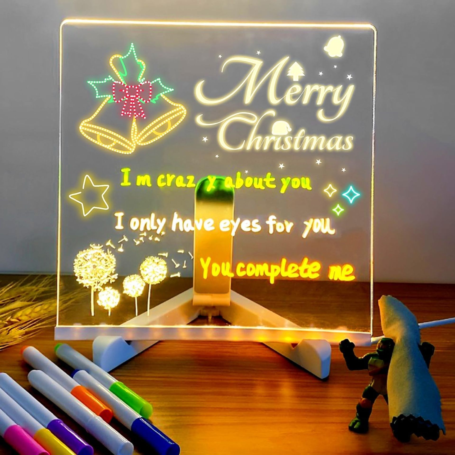 LED Message Board with 7 Colour Pens & Stand, Illuminated Acrylic Dry Erase Memo Pad 15x15CM for Notes, Reminders, Office or Kids’ Doodles