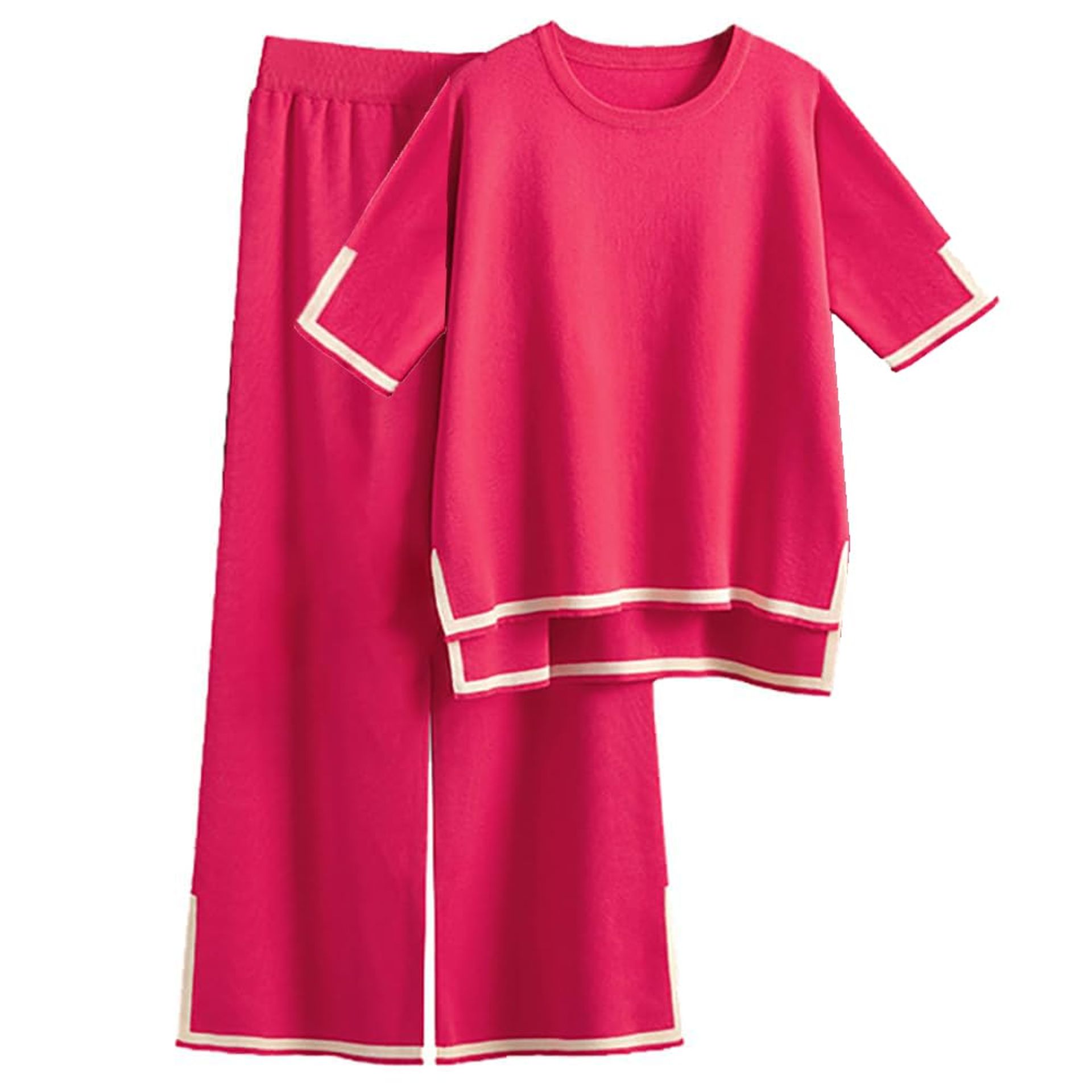 Women's Knit Tracksuit Set 2 Piece Oversized Short Sleeve Top & Wide Leg Pants Lounge Outfit - Red S