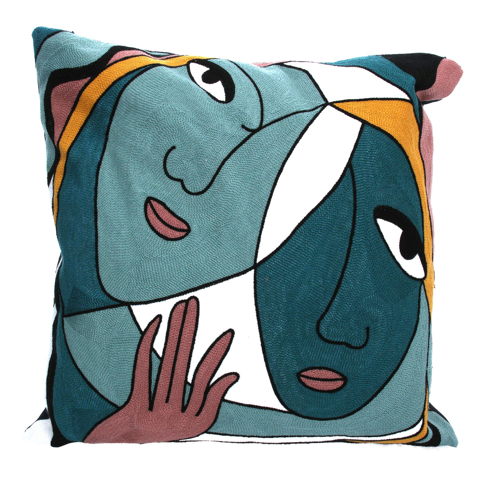 2 x Gisela Graham Embroidered Abstract Faces Cushion w Pad       