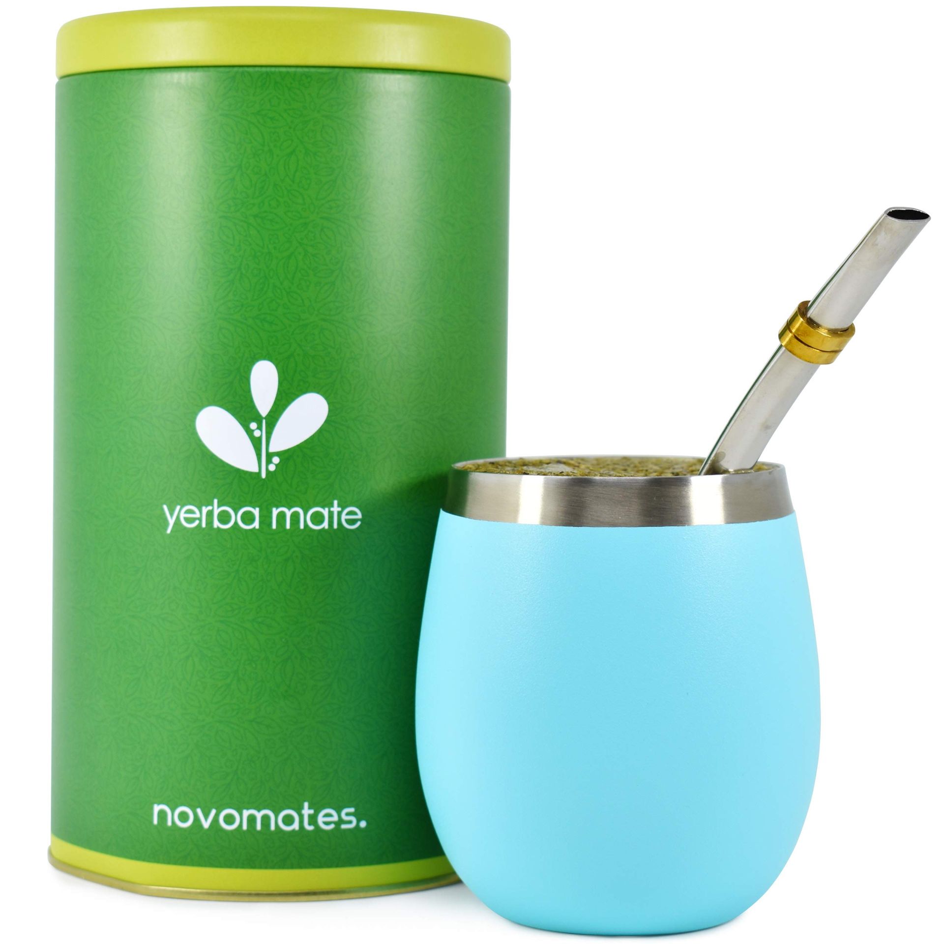 Teal Novomates Yerba Mate Kit: Double Wall Steel Cup, Bombilla Straw & Container, 8oz