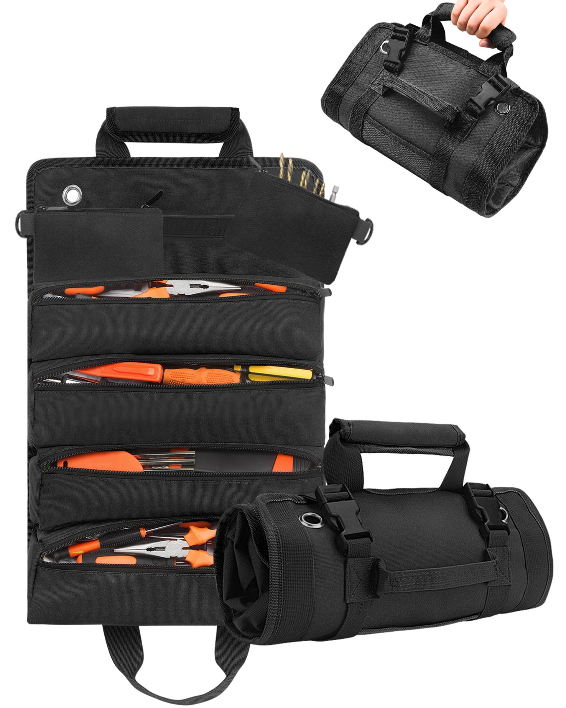 Tool Roll Bag Heavy Duty Roll-Up with 2 Detachable Pouches for Mechanics, Carpenters & Electricians - Black Large