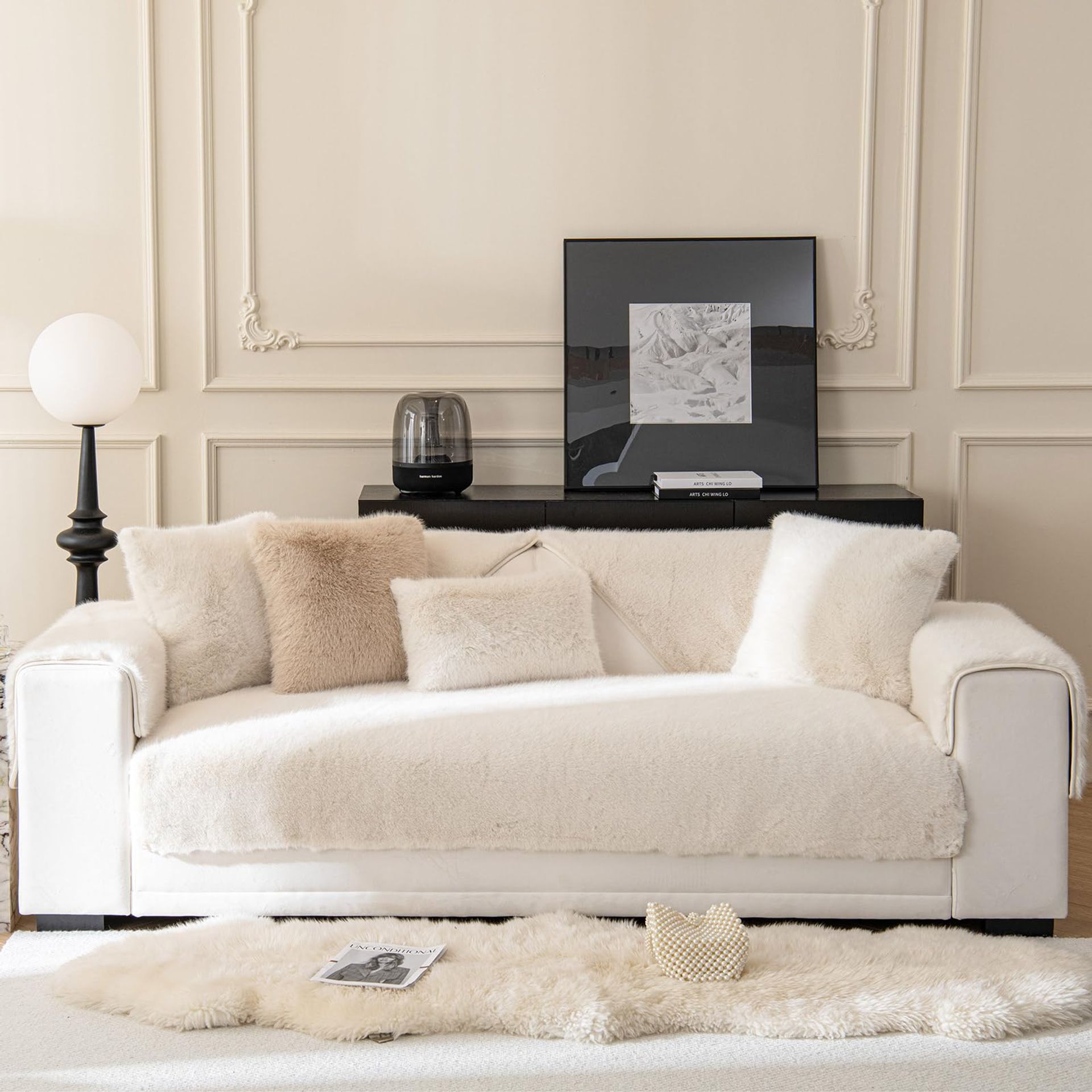 Velvet Sofa Cover Soft Non-Slip Durable Washable Protector for 2-4 Seater Sofas - Cream 90 x 210 cm
