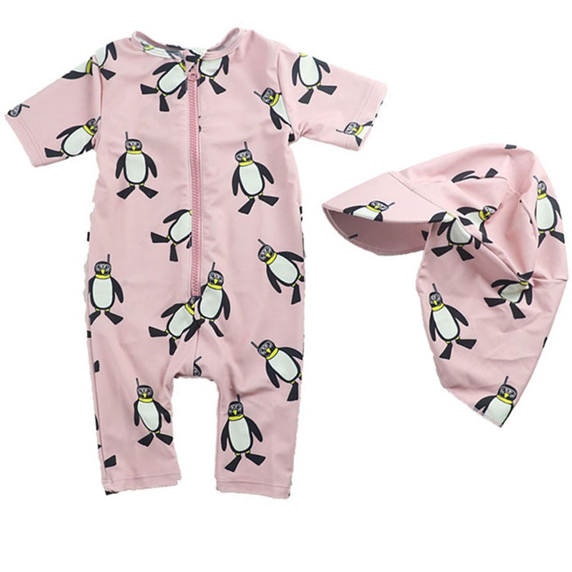 Baby One-Piece Long Sleeve UPF 50+ Cartoon Rash Guard Swimsuit with Sun Hat - Pink 3-4 Years