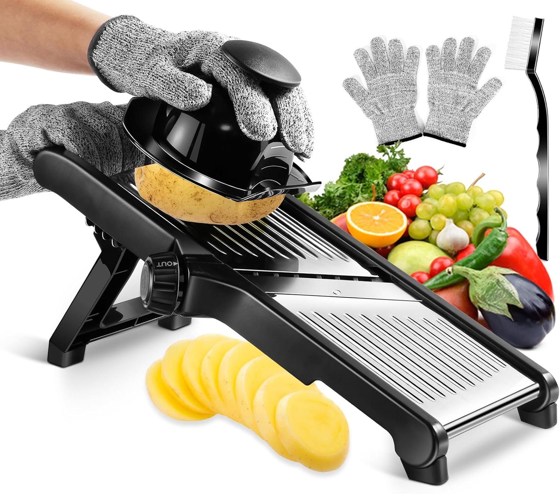 V-Blade Mandoline Vegetable Slicer with 5 Adjustable Stainless Steel Blades, Foldable Stand, Gloves & Cleaning Brush - Black V-Blade Mandoline