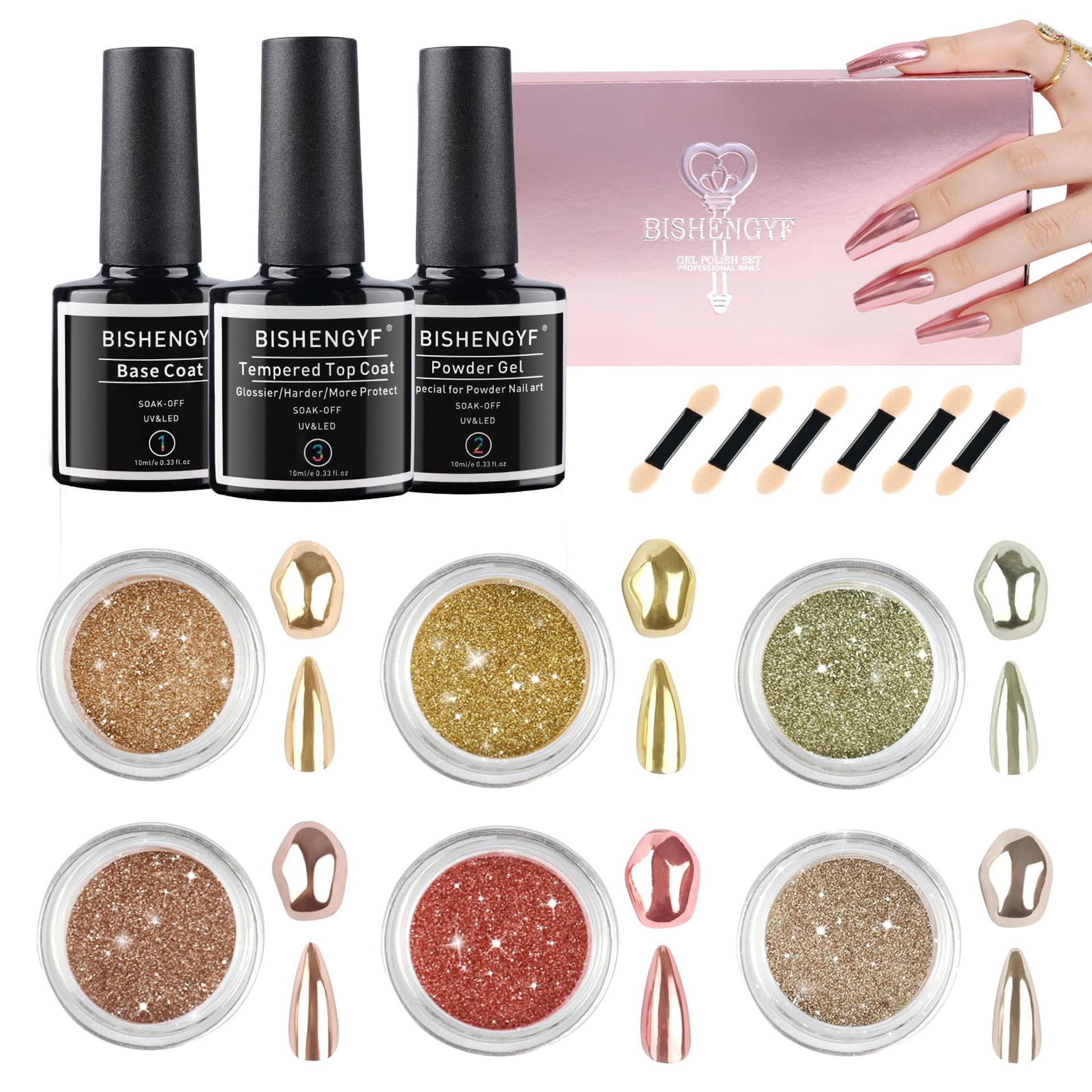 Chrome Nail Powder Kit with Mirror Effect Gel Top & Base Coat, 6 Glitter Colours, No Wipe, Gift Box