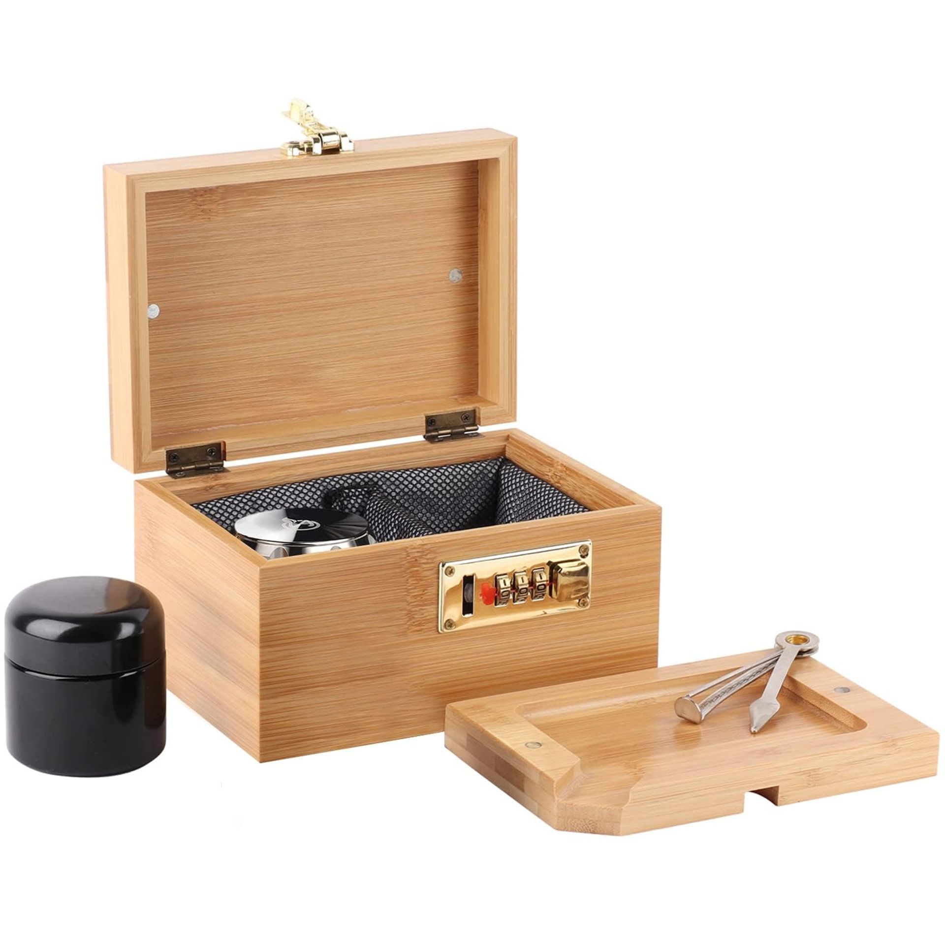 Bamboo Locking Storage Box with Combination Lock & Glass Jar Tray – Decorative Organiser 17 x 12 x 10 cm, Ideal Gift for Home Use