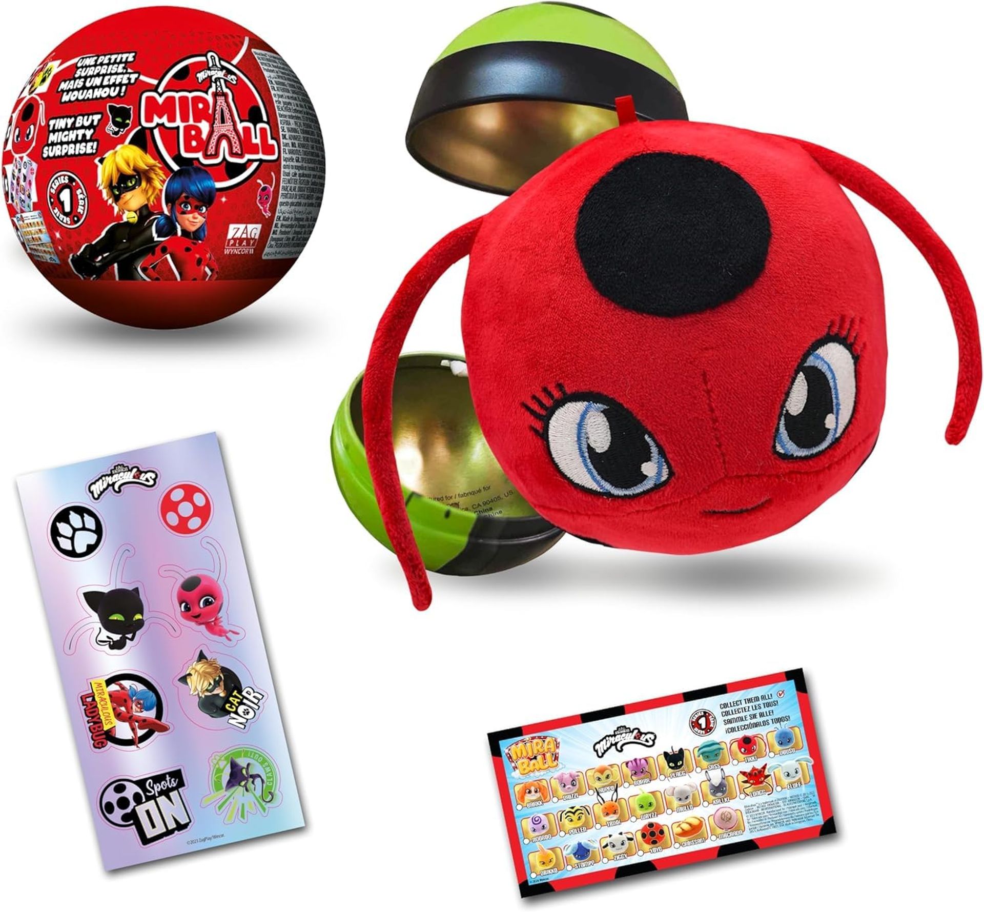 Miraculous Ladybug 4-in-1 Collectible Toy with Plush Kwami, Metal Case & Stickers