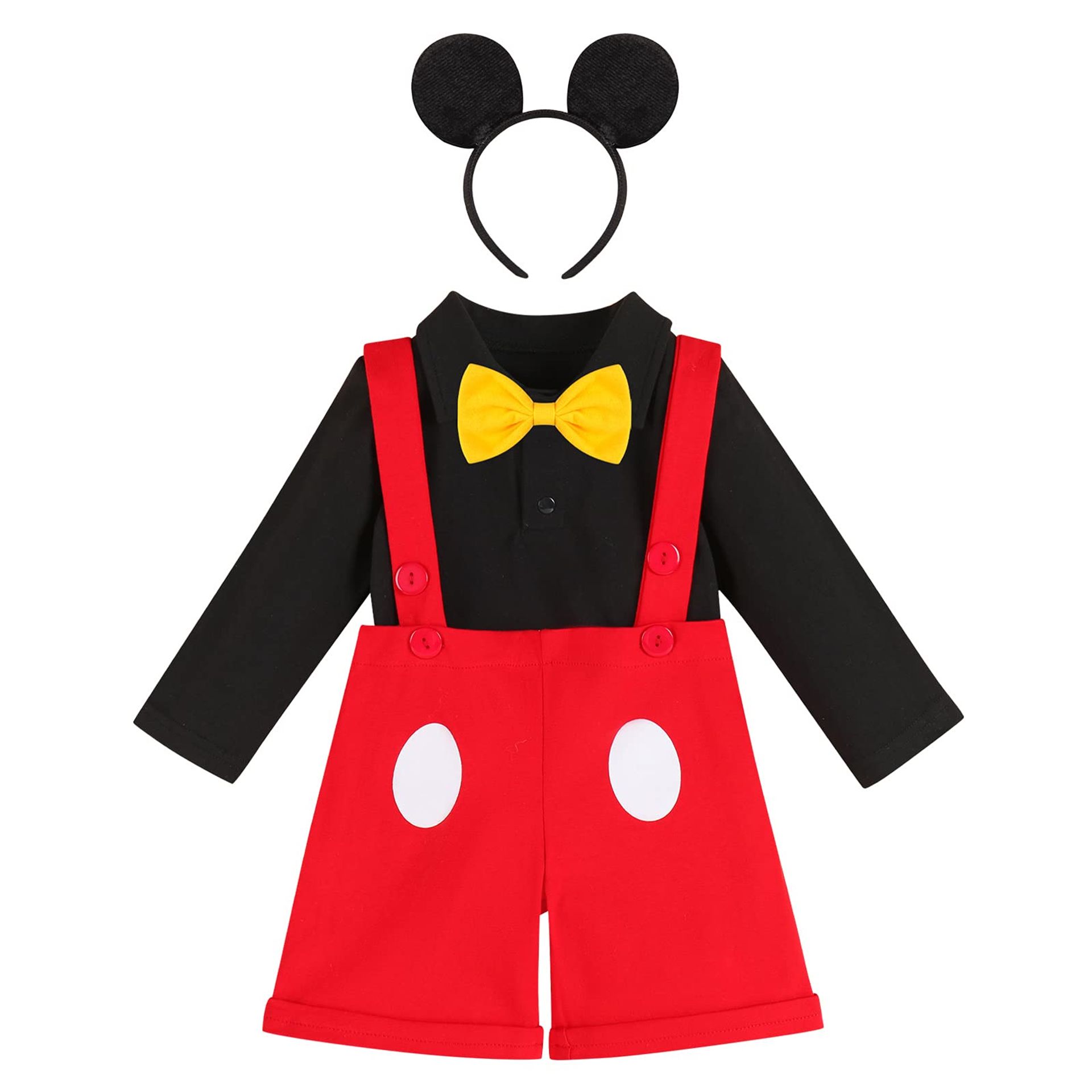 Baby Boy First Birthday Cake Smash Outfit Formal Romper Set with Bow Tie, Suspenders and Mouse Ears Headband - Black Long Sleeve 2 0-6 Months