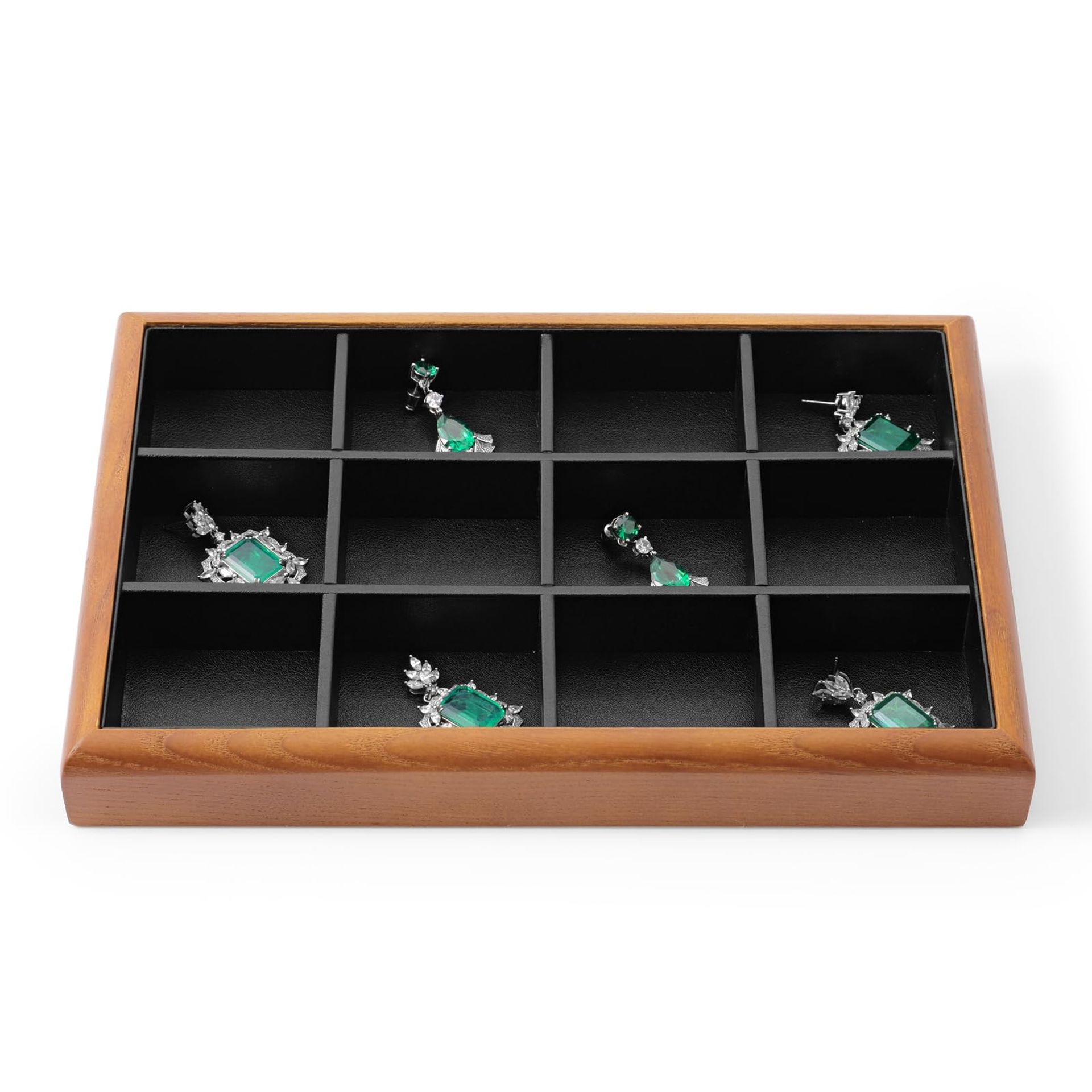 12 Compartment Wooden Jewellery Storage Tray with Soft Suede Lining, Stackable Design for Rings, Earrings, Bracelets & Necklaces