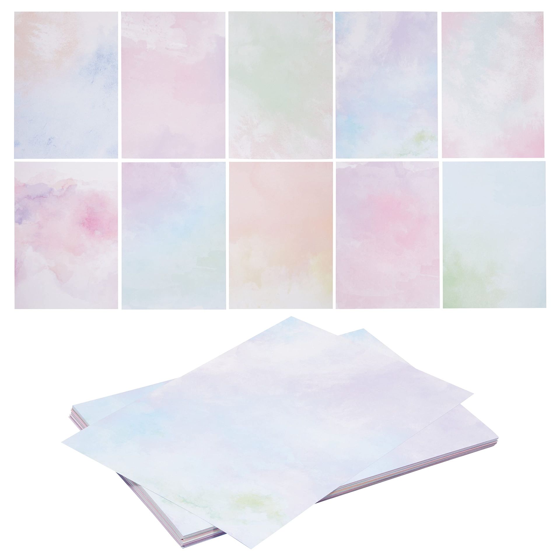 100-Pack A4 Decorative Writing Paper - 10 Watercolour Designs, Multicolour, Ideal for Crafts & Stationery Projects