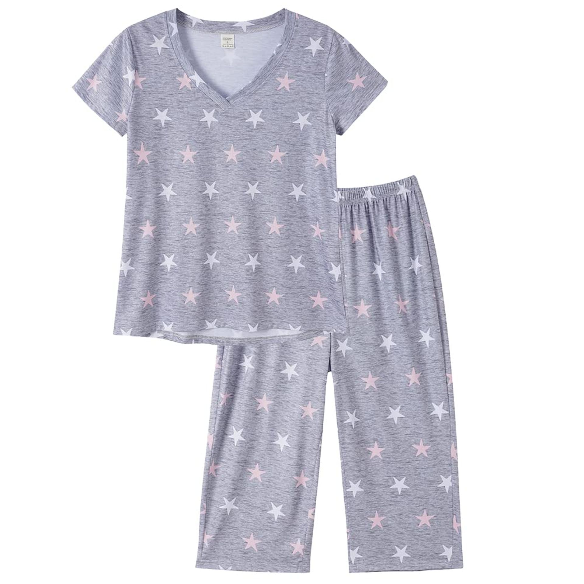 Women's Plus Size Summer Pyjama Set with V-Neck Top & Capri Pants – Soft Breathable Loungewear Sleepwear in Grey Star Print