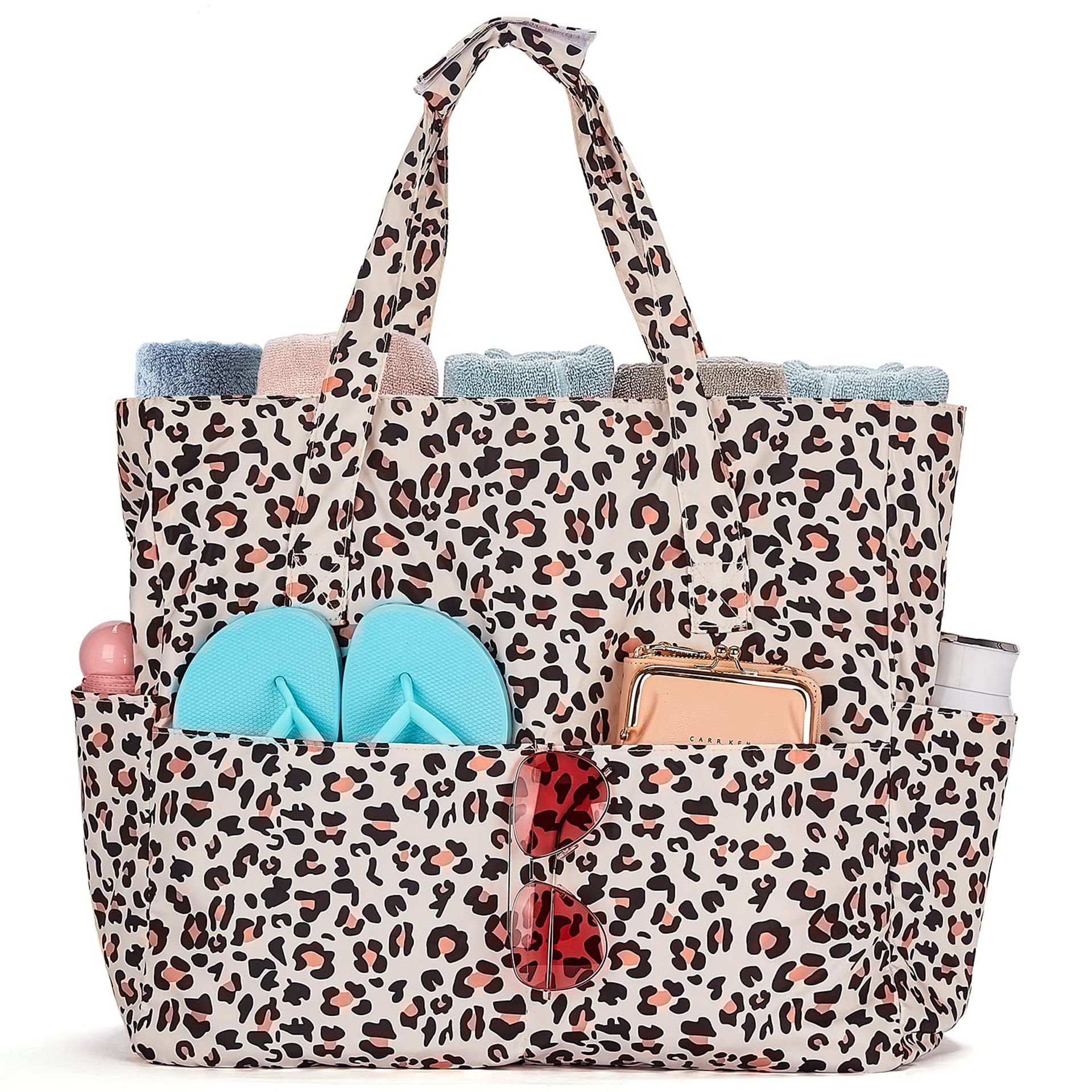 Large Waterproof Beach Bag Lightweight Travel Tote with Zipper Pockets Foldable Design for Swimming and Holidays - Leopard One Size