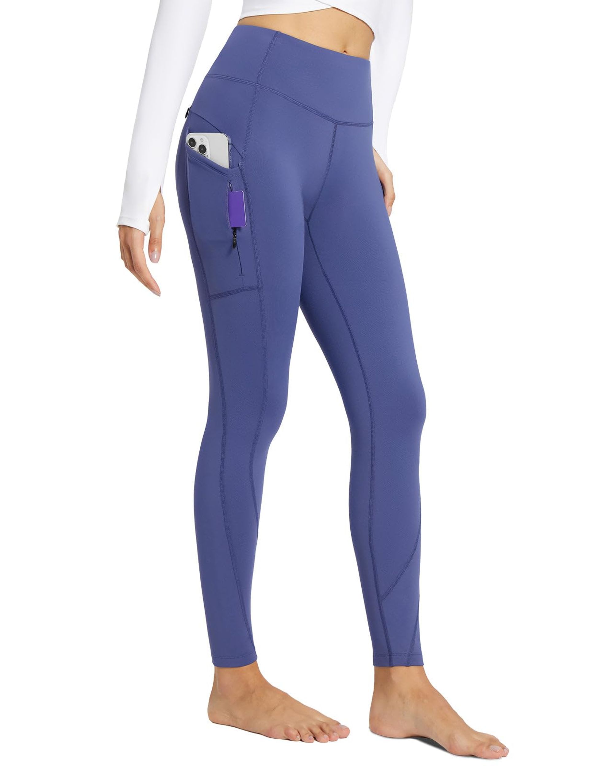 Women's Fleece Lined Leggings Thermal Yoga Pants with 5 Pockets High Waisted Winter Warm Walking Wear - Blue M