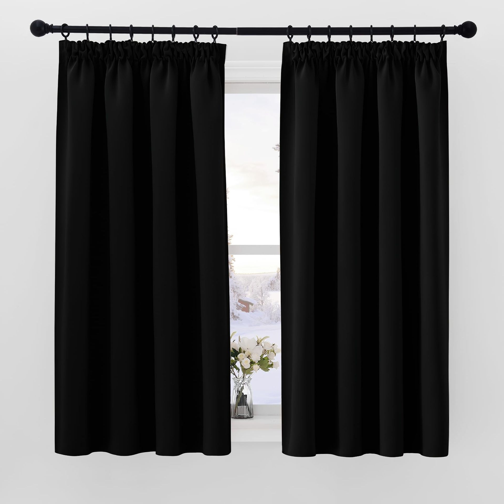 Thermal Blackout Curtains Pencil Pleat 2 Panels Light Blocking Soft Drapes for Bedroom, Living Room, or Bathroom - Black W42 x L63
