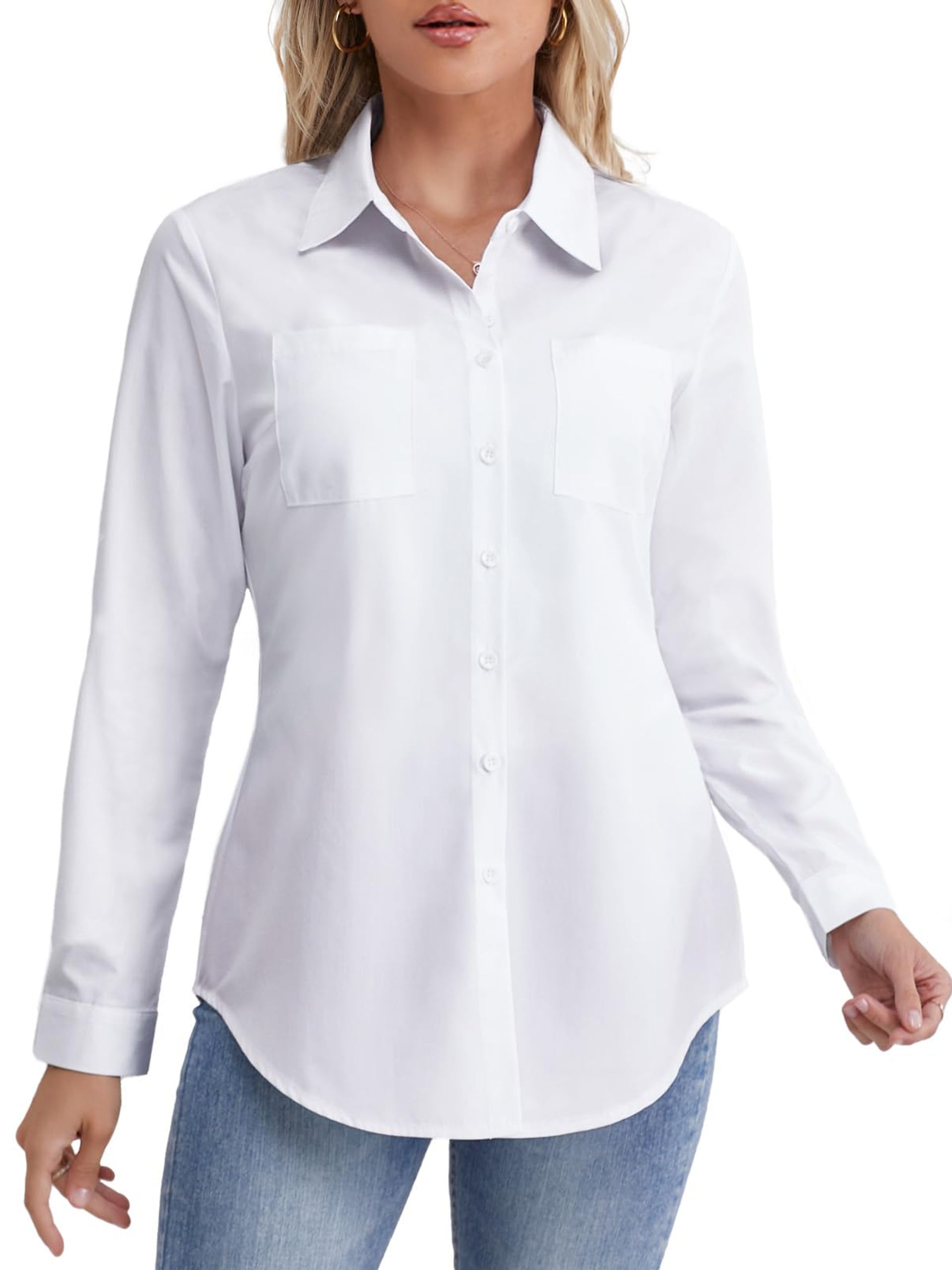 Women's Long Sleeve Button Down Cotton Denim Shirt Blouse with Pockets – White Medium